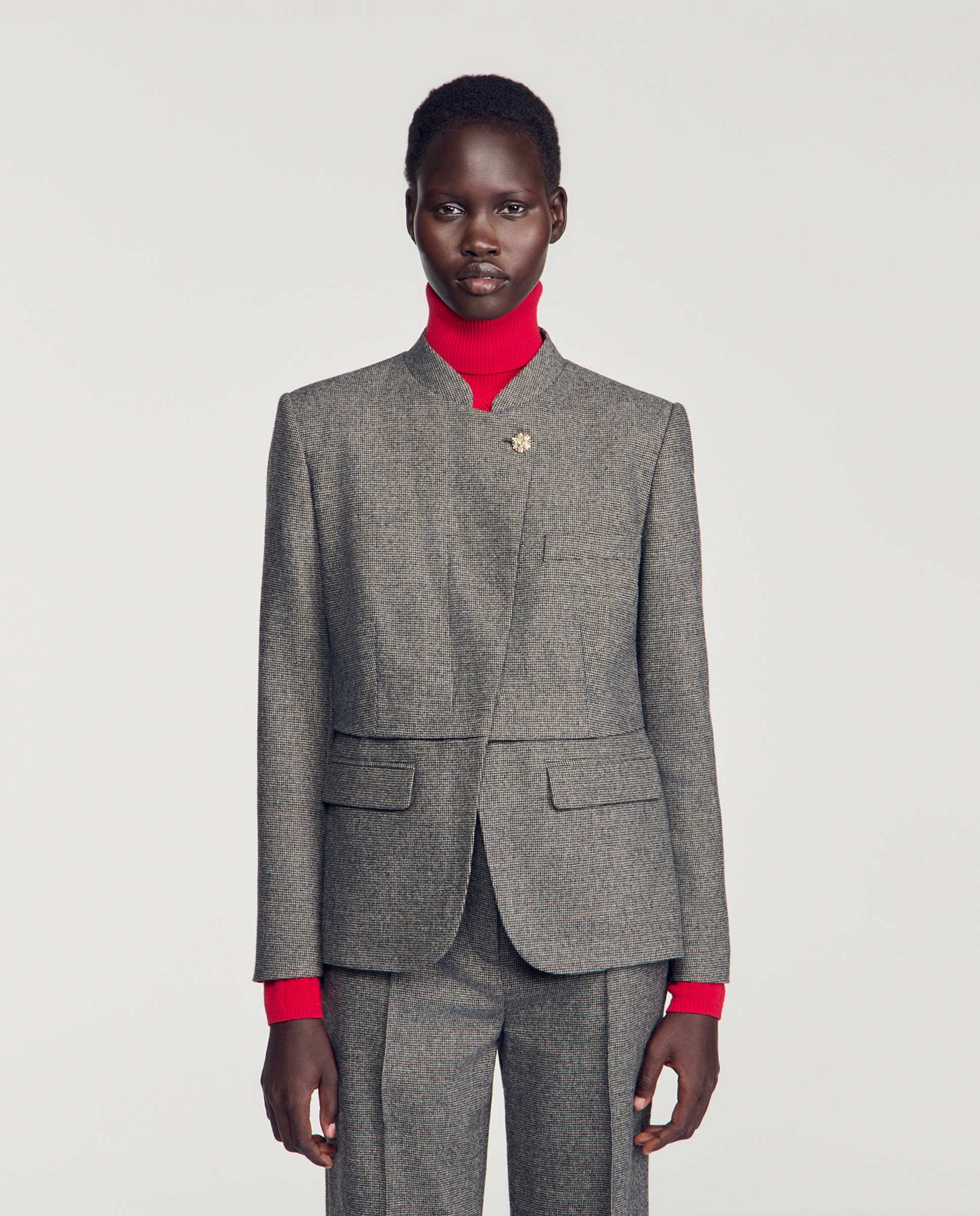 Chaqueta de traje de mujer con pata de gallo y corte recto - Sandro - Gris Gris-1