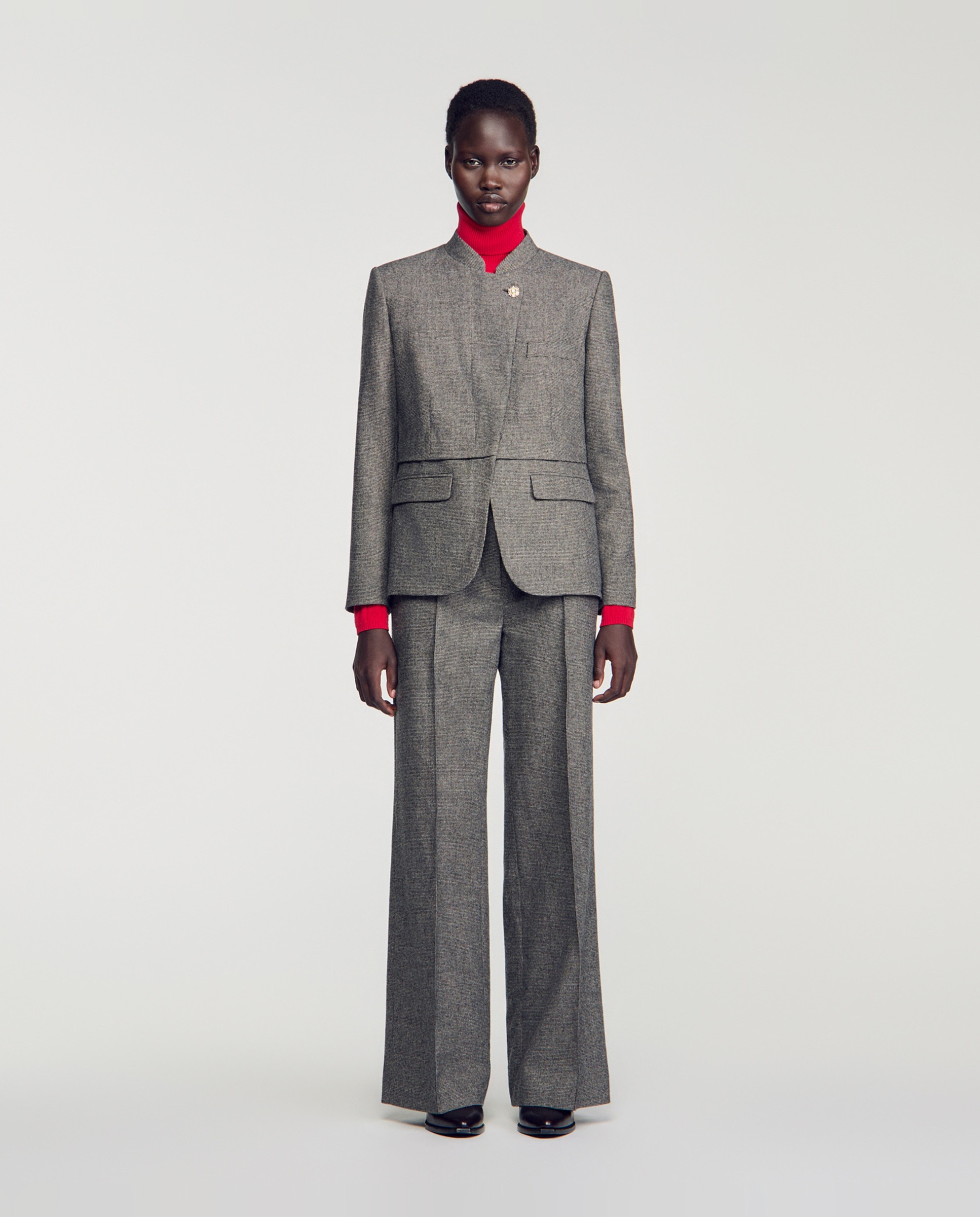 Chaqueta de traje de mujer con pata de gallo y corte recto - Sandro - Gris Gris-3