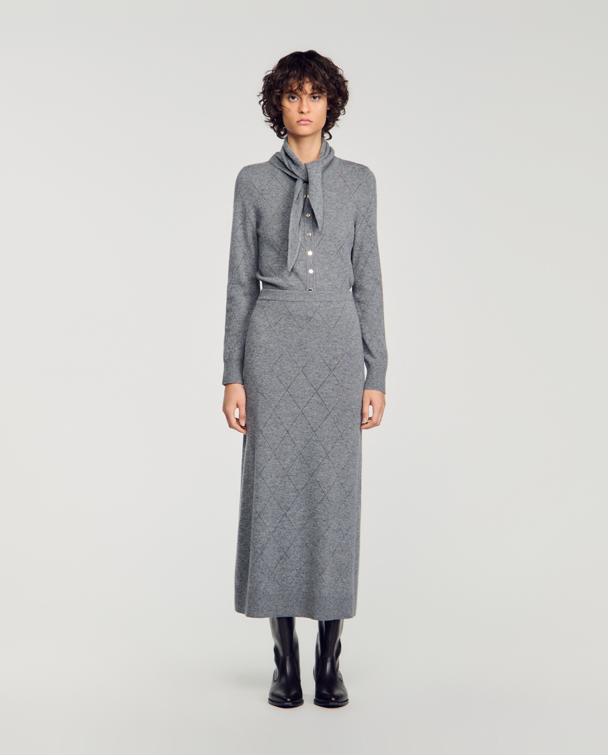 Falda larga ceñida de punto pointelle - Sandro - Gris Gris-1