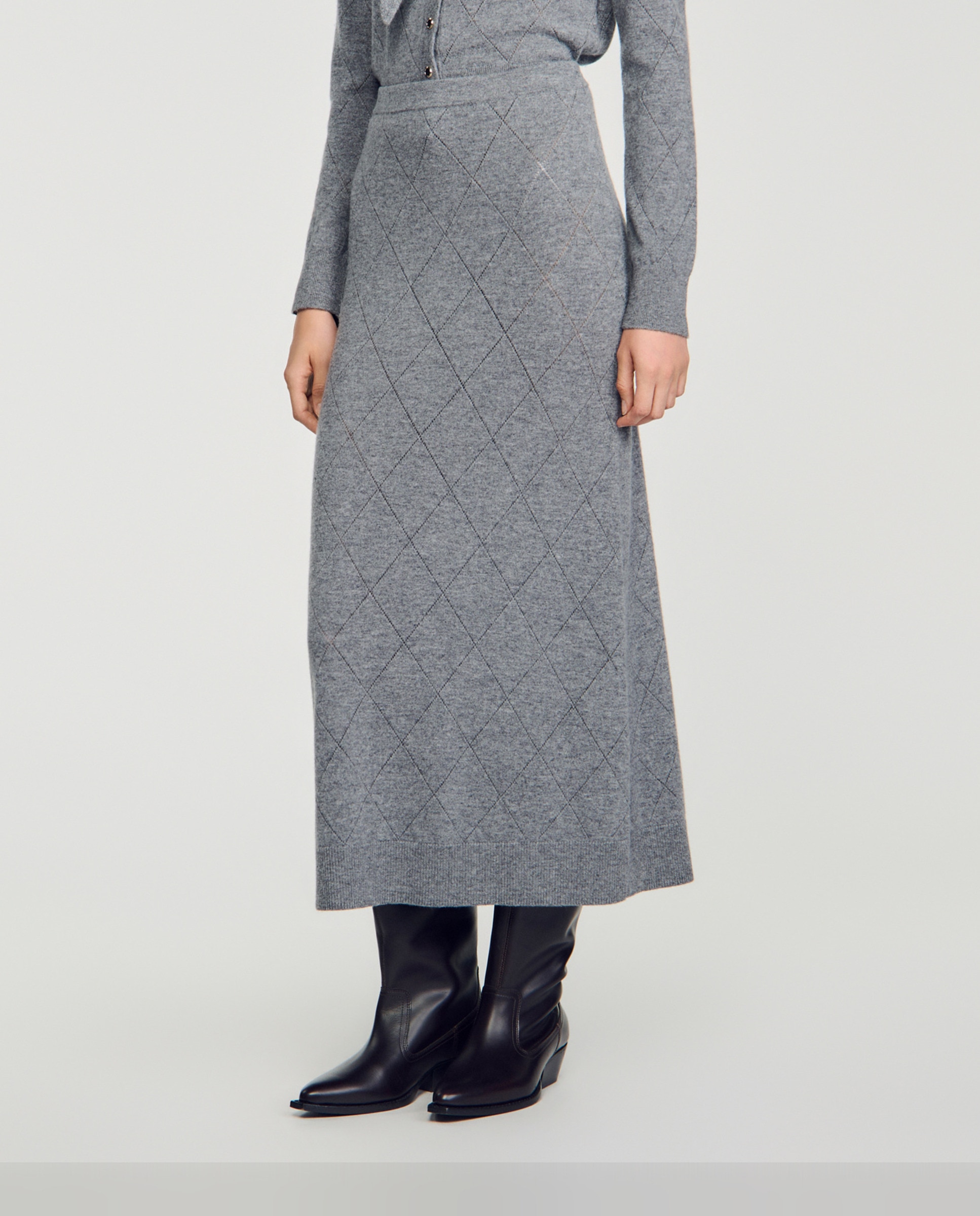 Falda larga ceñida de punto pointelle - Sandro - Gris Gris-2
