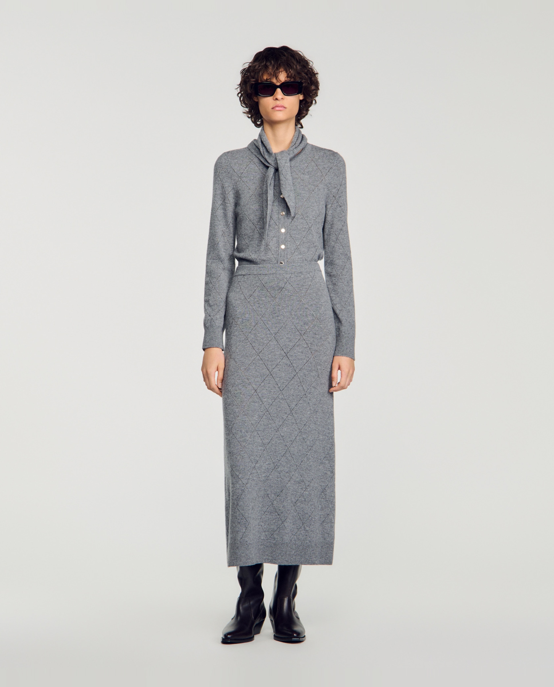 Falda larga ceñida de punto pointelle - Sandro - Gris Gris-5