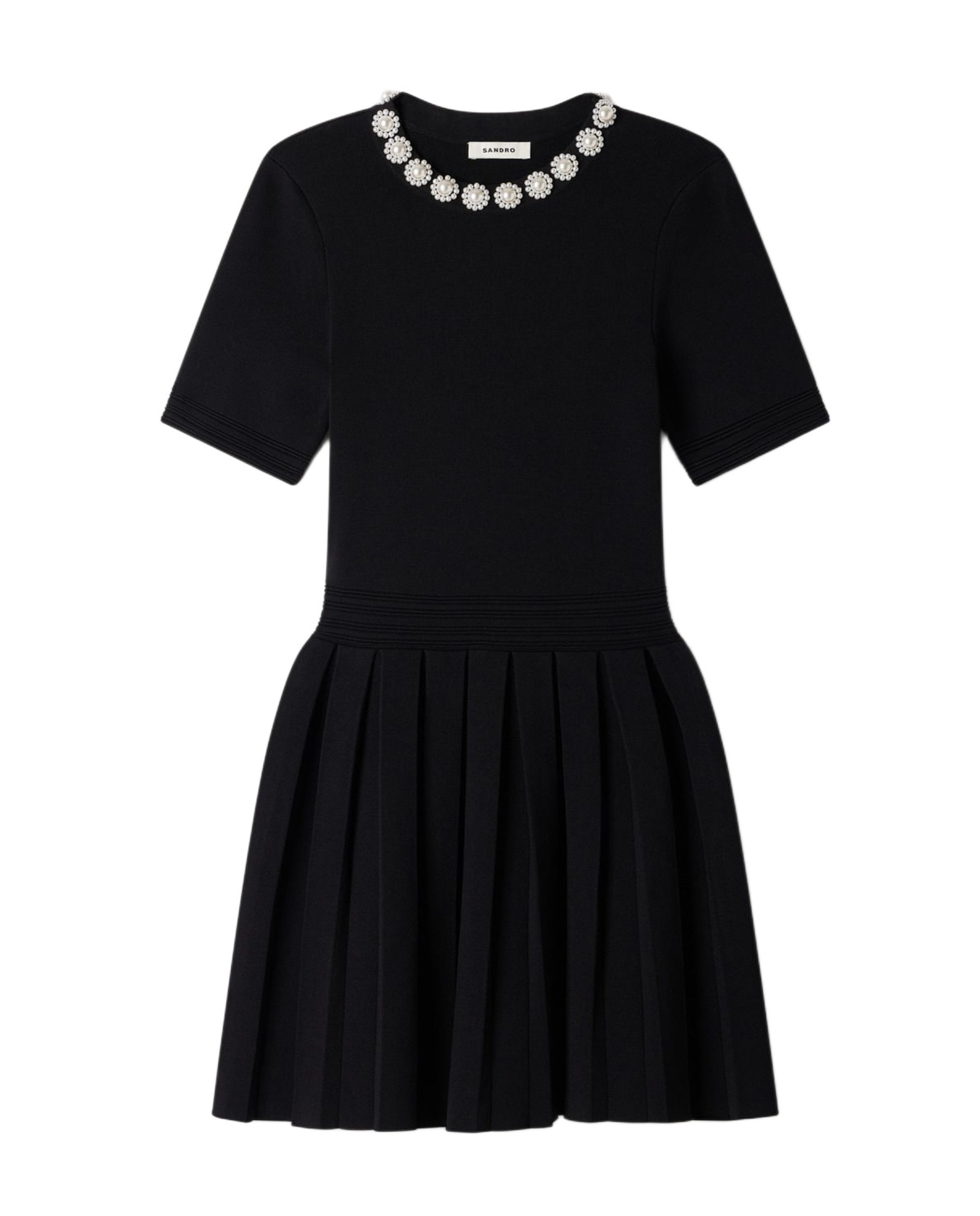 Vestido corto de punto acampanado con escote de flores y cuentas - Sandro - Negro Negro-6