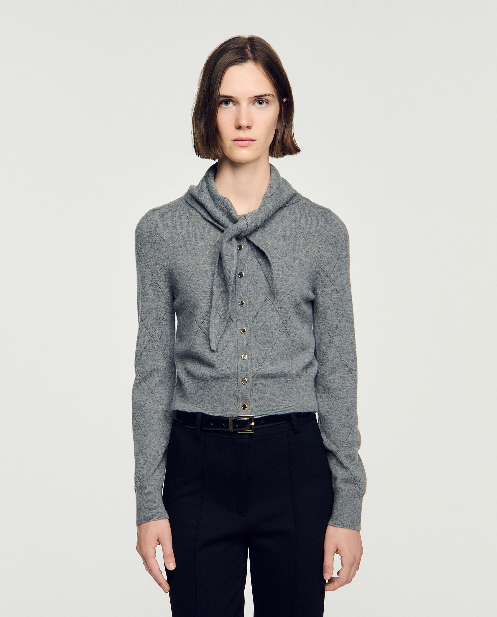 Cárdigan de punto de mujer pointelle con pañuelo desmontable - Sandro - Gris Gris-1