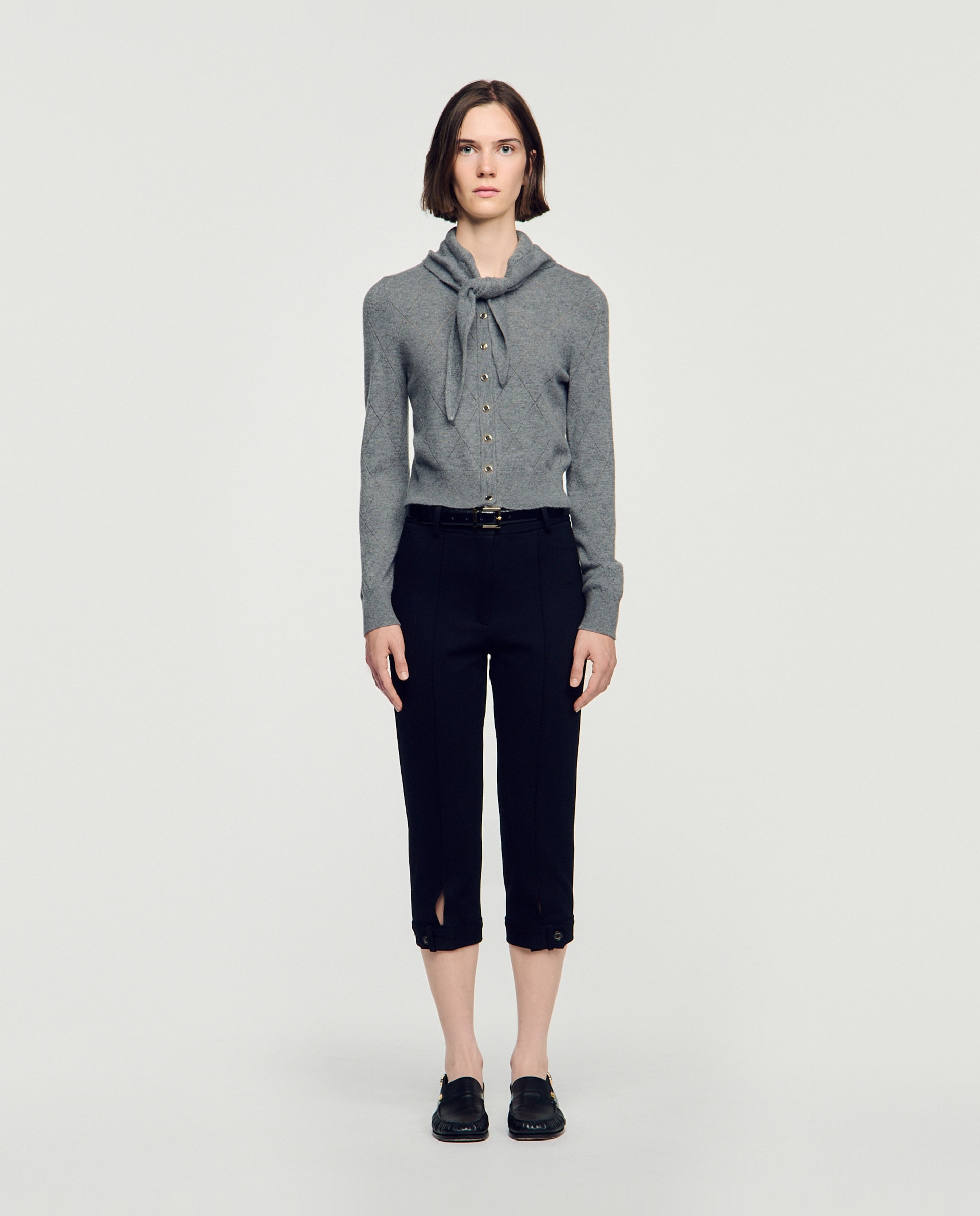 Cárdigan de punto de mujer pointelle con pañuelo desmontable - Sandro - Gris Gris-3