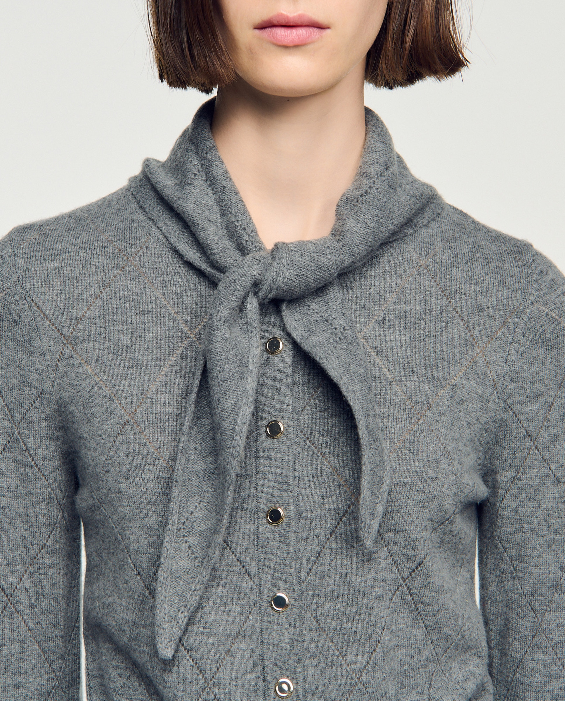 Cárdigan de punto de mujer pointelle con pañuelo desmontable - Sandro - Gris Gris-4