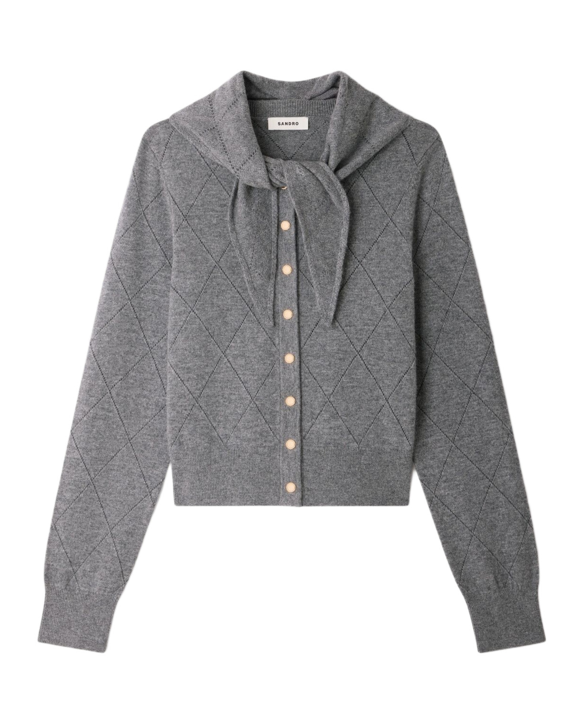 Cárdigan de punto de mujer pointelle con pañuelo desmontable - Sandro - Gris Gris-6