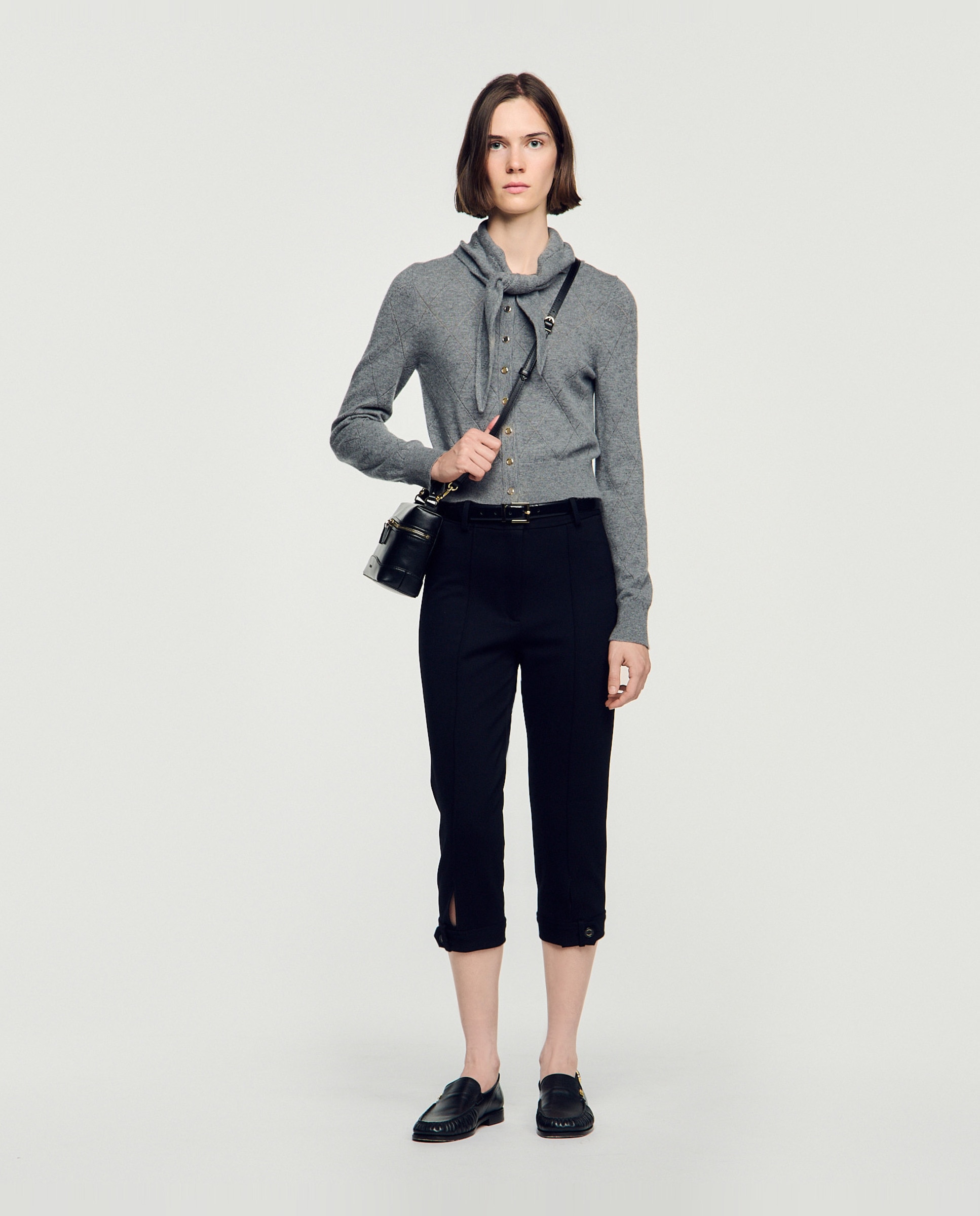 Cárdigan de punto de mujer pointelle con pañuelo desmontable - Sandro - Gris Gris-5