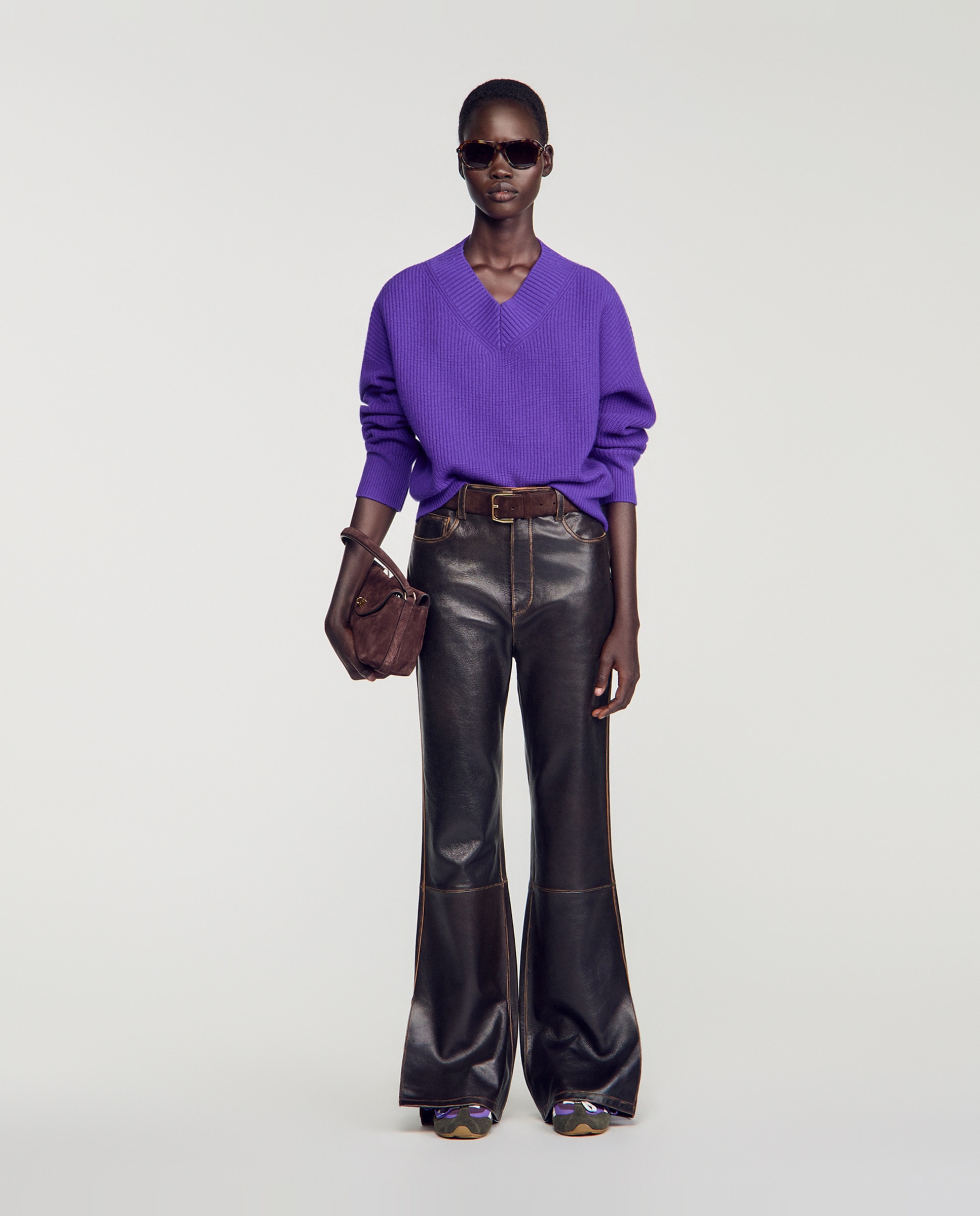 Jersey de mujer con cuello de pico canalé de lana y cachemira - Sandro - Morado Morado-5