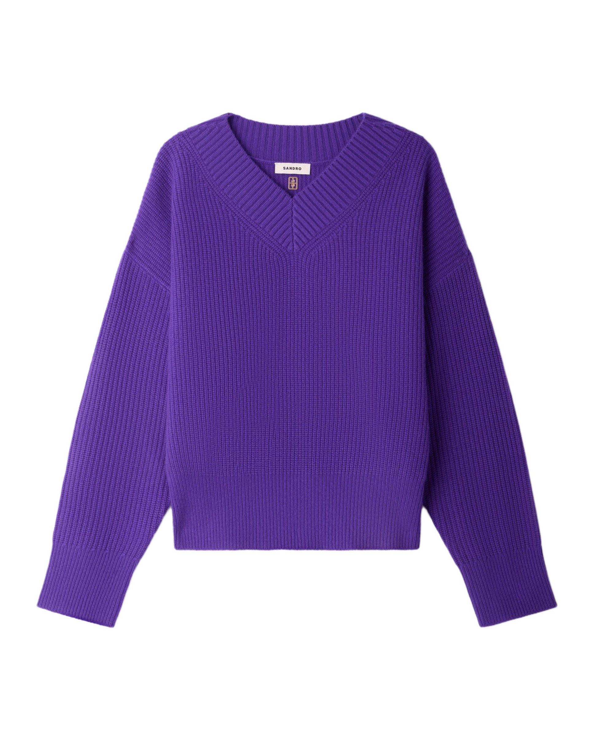 Jersey de mujer con cuello de pico canalé de lana y cachemira - Sandro - Morado Morado-6