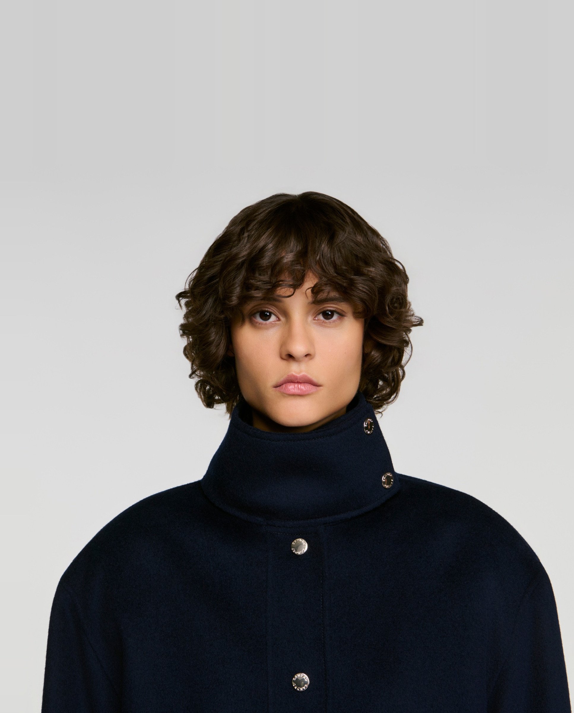 Abrigo de paño de mujer 100% lana doble faz con cuello alto - Sandro - Azul marino Azul marino-4