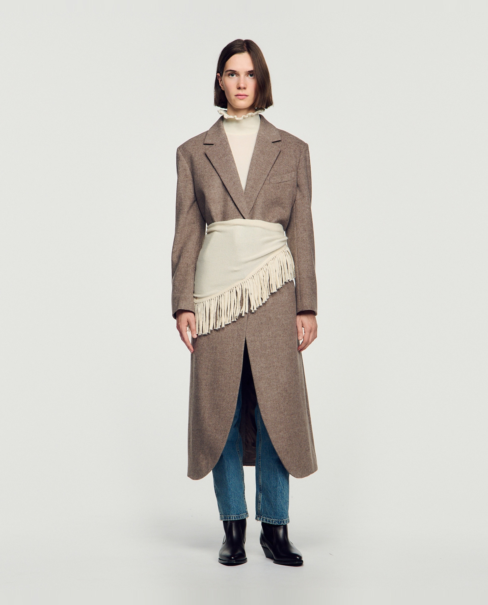 Abrigo de paño de mujer largo de lana doble faz - Sandro - Beige Beige-4