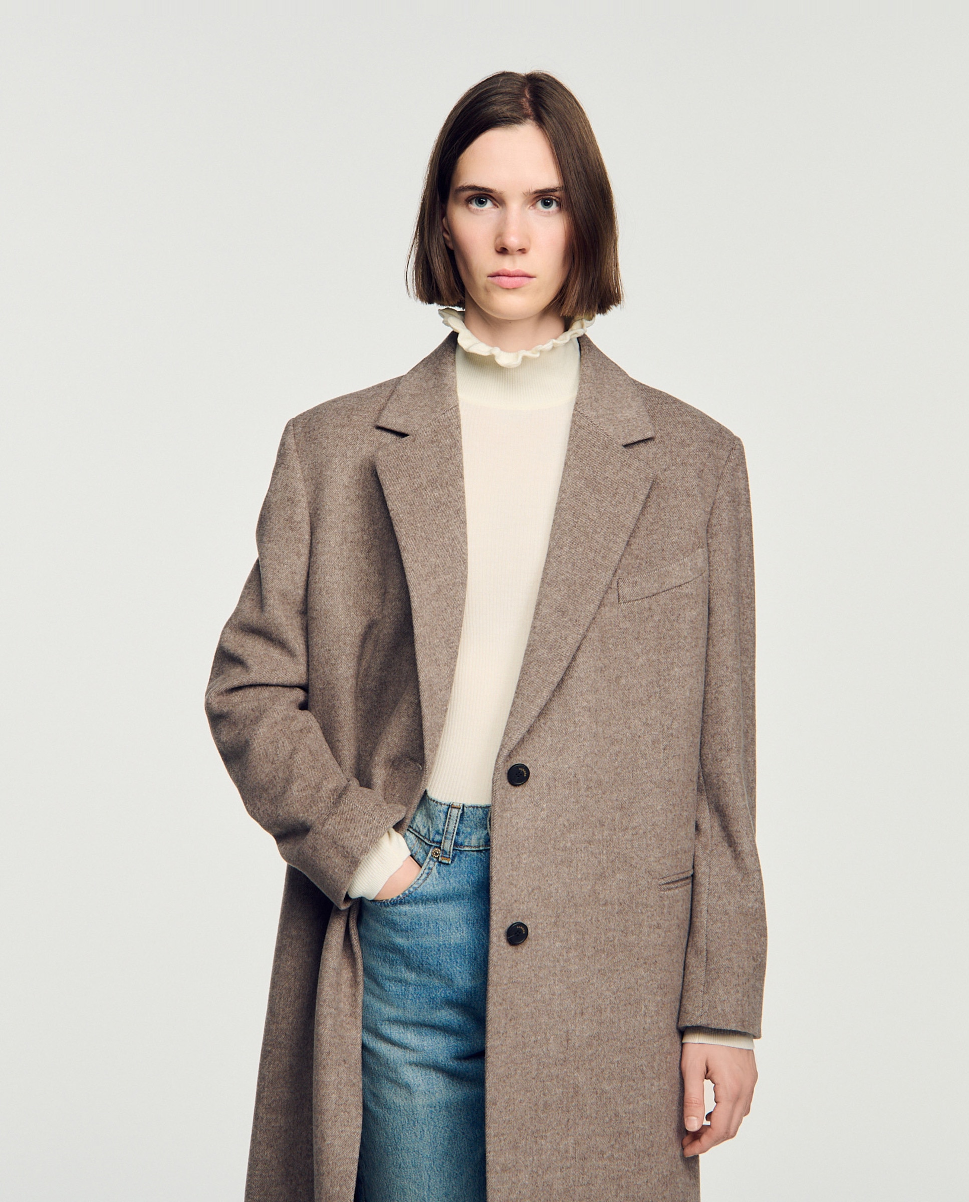 Abrigo de paño de mujer largo de lana doble faz - Sandro - Beige Beige-5