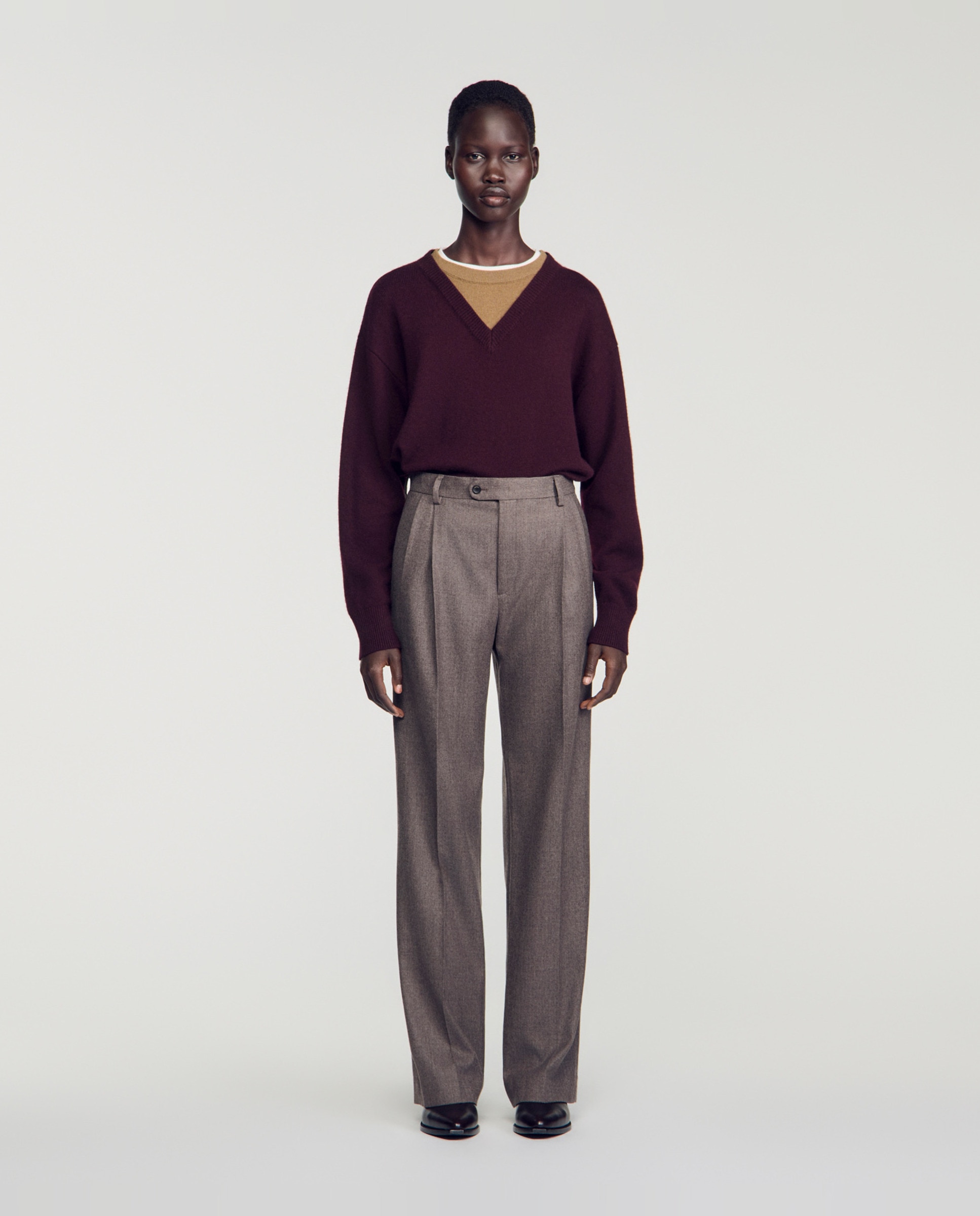 Pantalones de vestir de mujer rectos de talle alto 100% lana - Sandro - Marrón claro Marrón claro-1