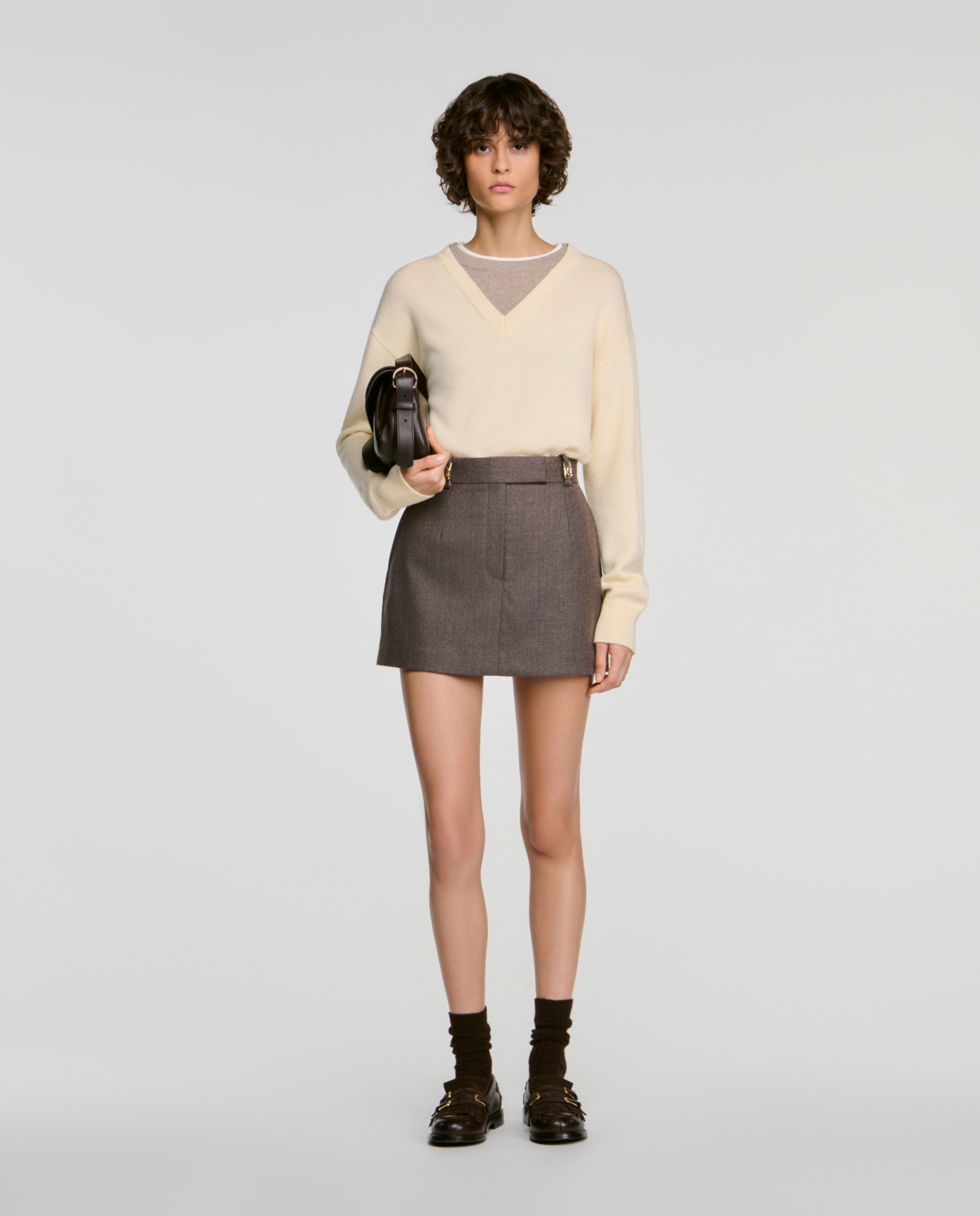 Falda pantalón evasé 100% lana - Sandro - Marrón claro Marrón claro-5