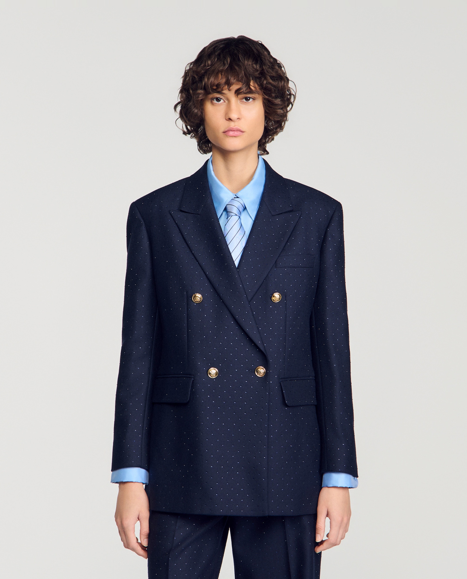 Imagen 0 de Chaqueta sastre de mujer entallada de 100% lana con strass Azul marino