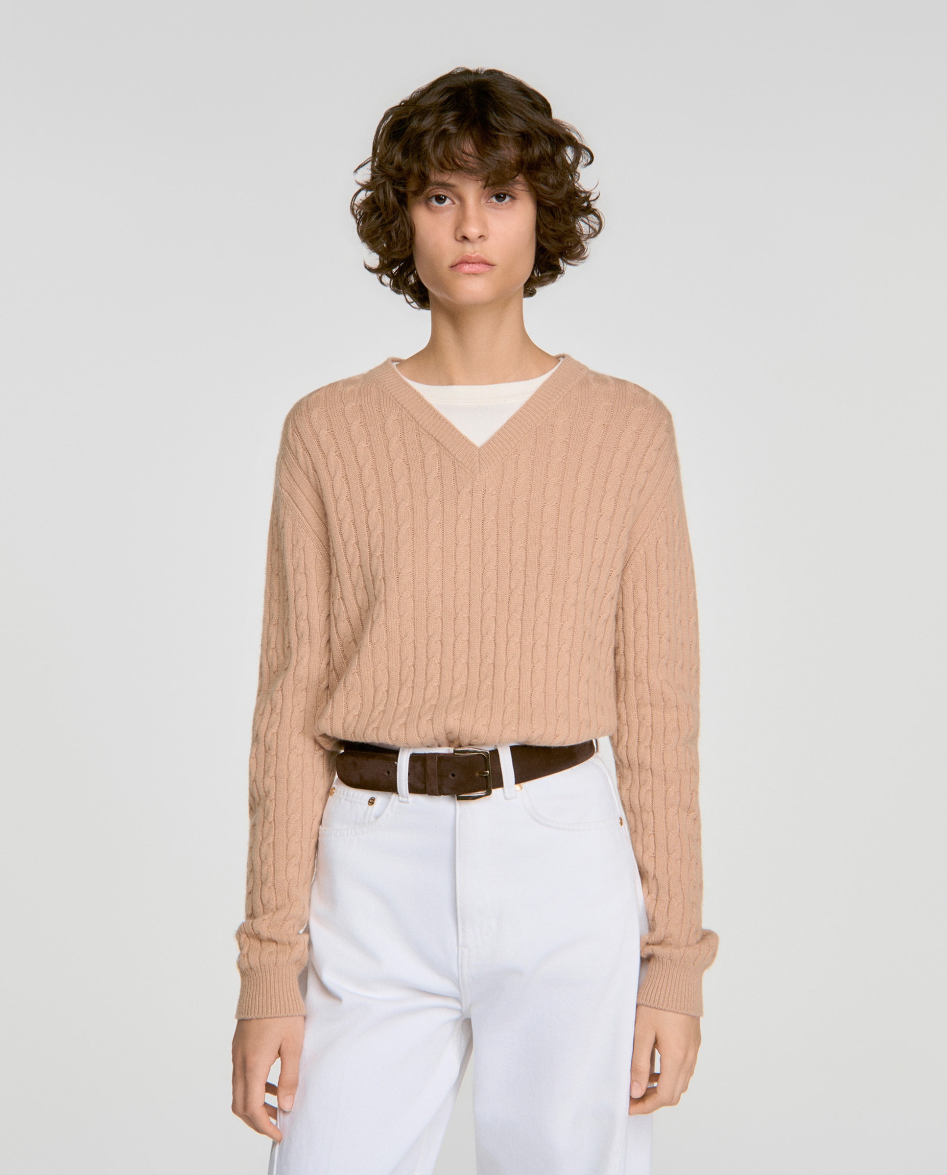 Jersey de mujer de lana y cachemira con punto trenzado y efecto 2 en 1 - Sandro - Beige Beige-1