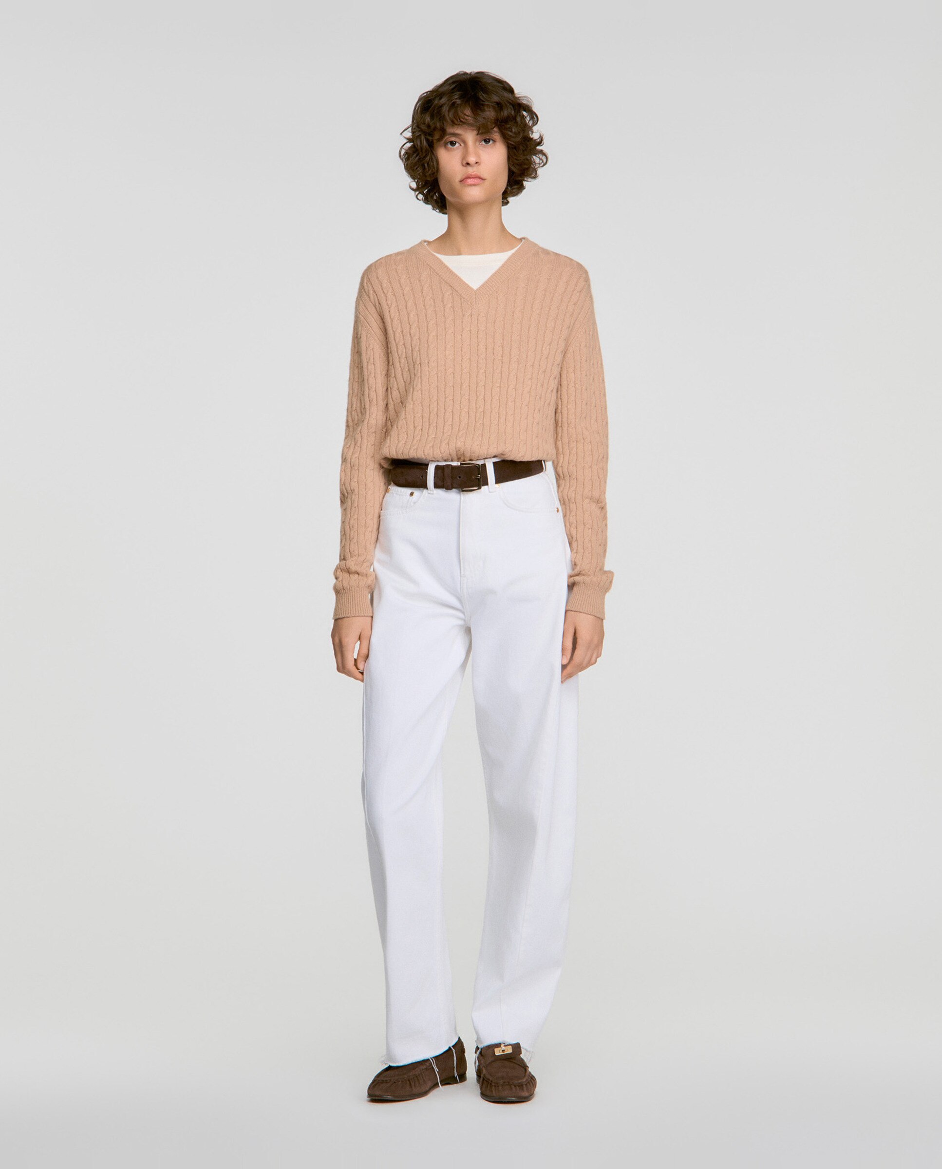 Jersey de mujer de lana y cachemira con punto trenzado y efecto 2 en 1 - Sandro - Beige Beige-3
