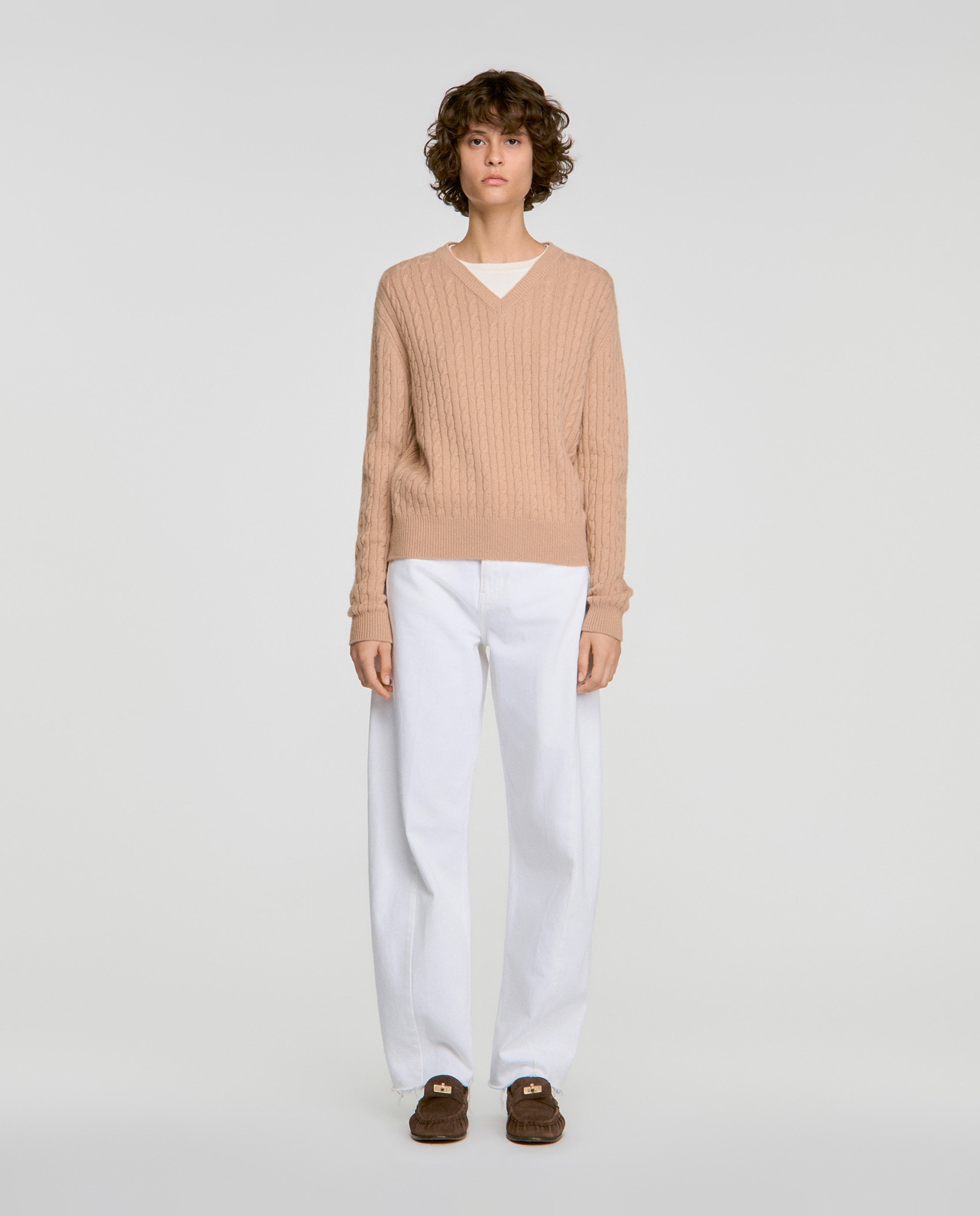 Jersey de mujer de lana y cachemira con punto trenzado y efecto 2 en 1 - Sandro - Beige Beige-4