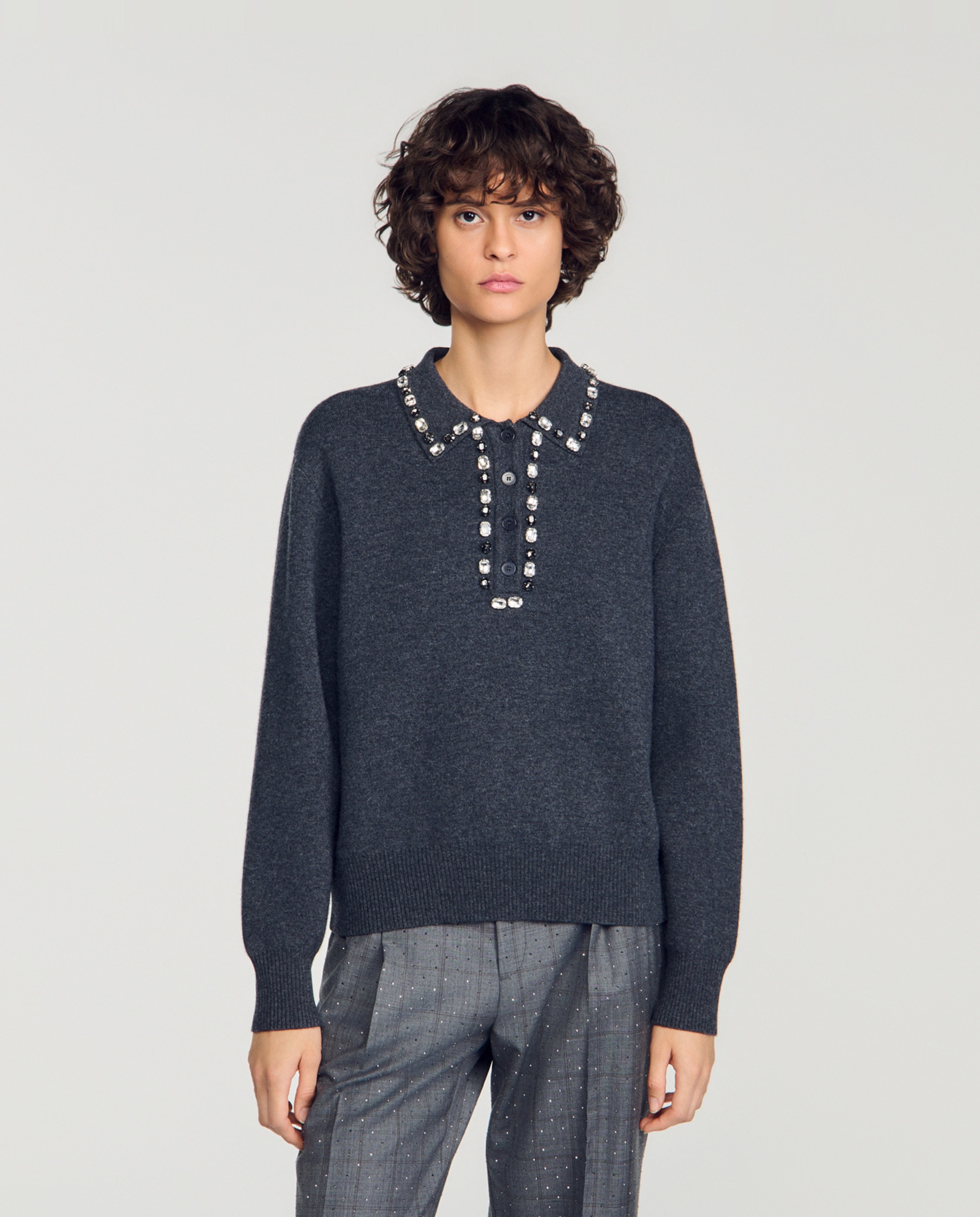 Jersey de mujer de lana y cachemira con cuello polo y pedrería - Sandro - Gris Gris-1