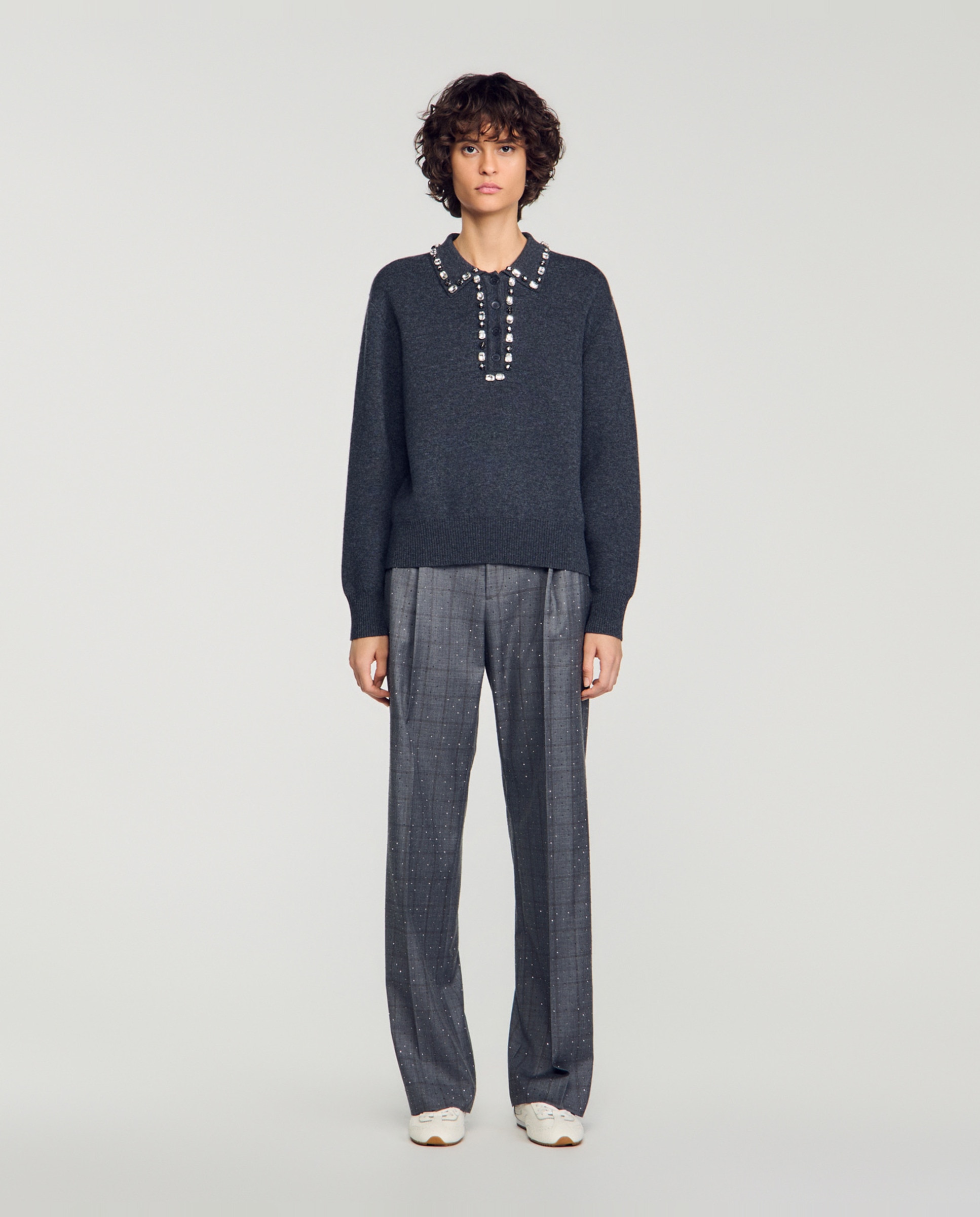 Jersey de mujer de lana y cachemira con cuello polo y pedrería - Sandro - Gris Gris-3