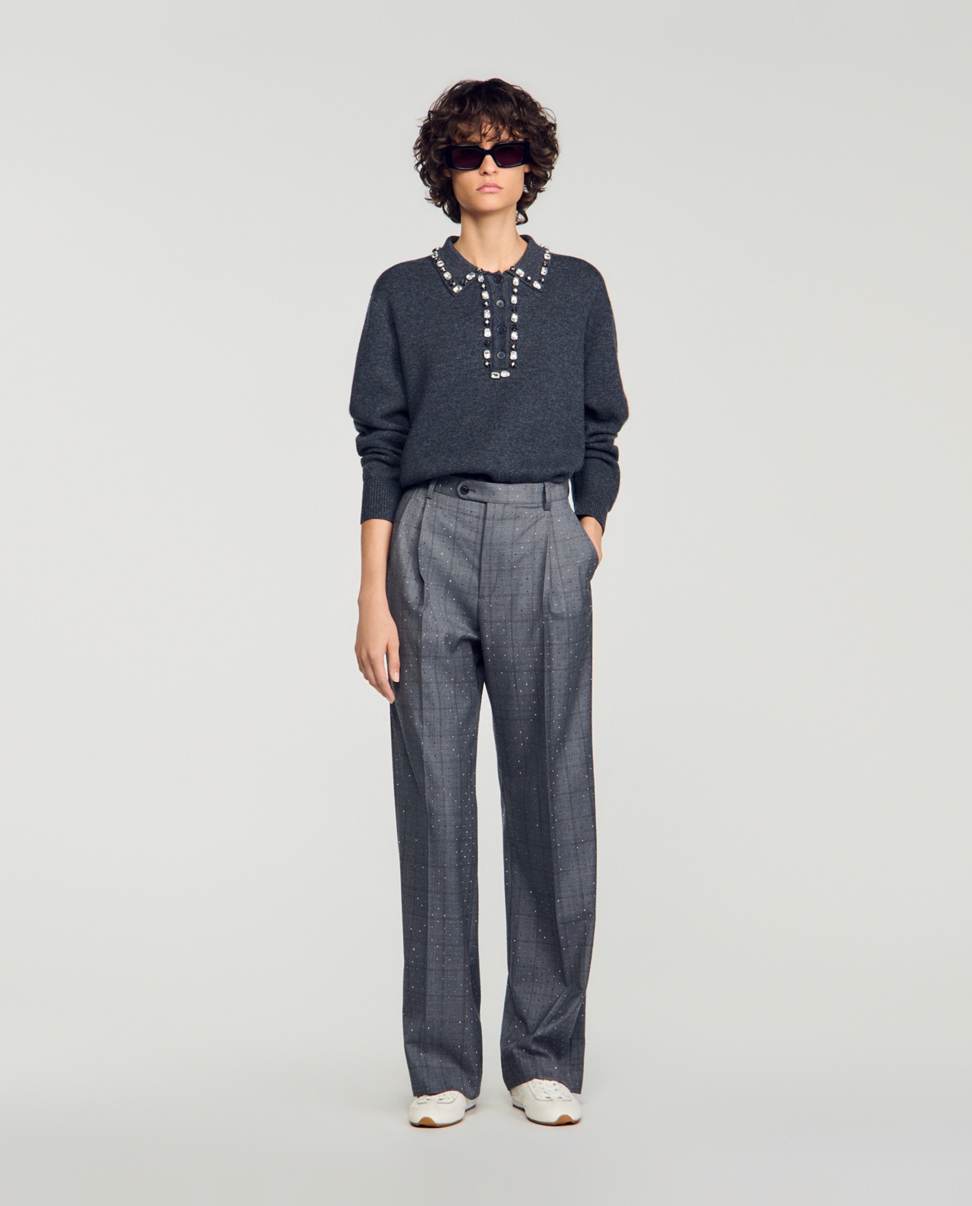 Jersey de mujer de lana y cachemira con cuello polo y pedrería - Sandro - Gris Gris-4