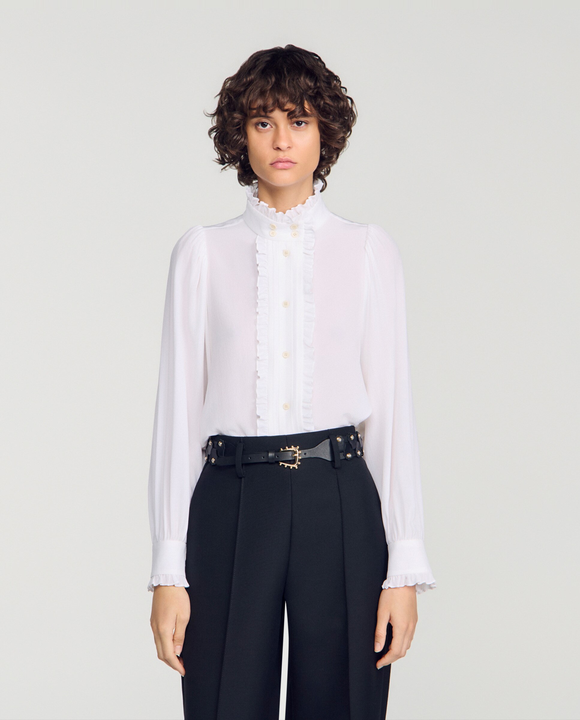 Imagen 0 de Camisa de mujer 100% seda con cuello fruncido y manga voluminosa Blanco