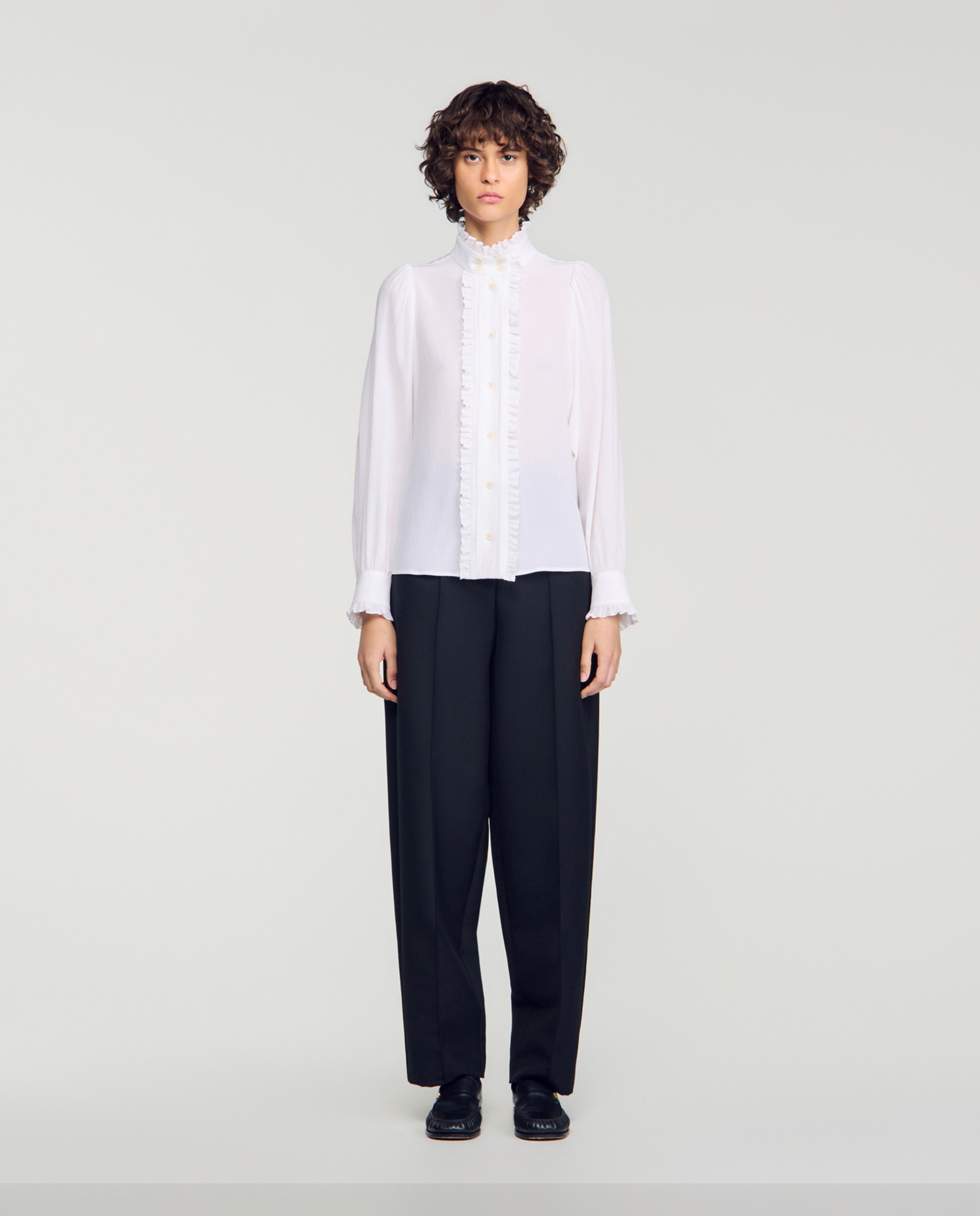 Camisa de mujer 100% seda con cuello fruncido y manga voluminosa - Sandro - Blanco Blanco-3