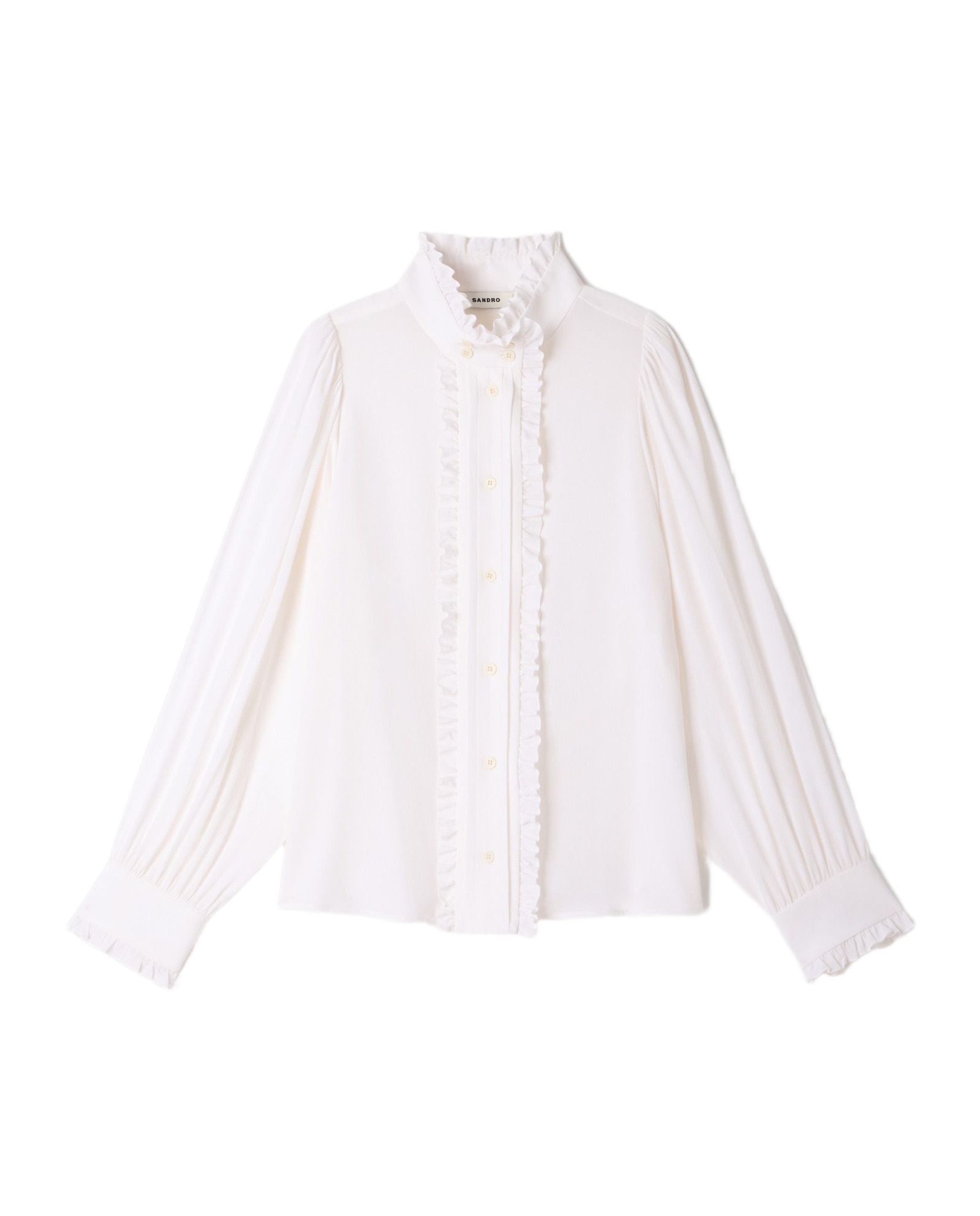 Camisa de mujer 100% seda con cuello fruncido y manga voluminosa - Sandro - Blanco Blanco-6