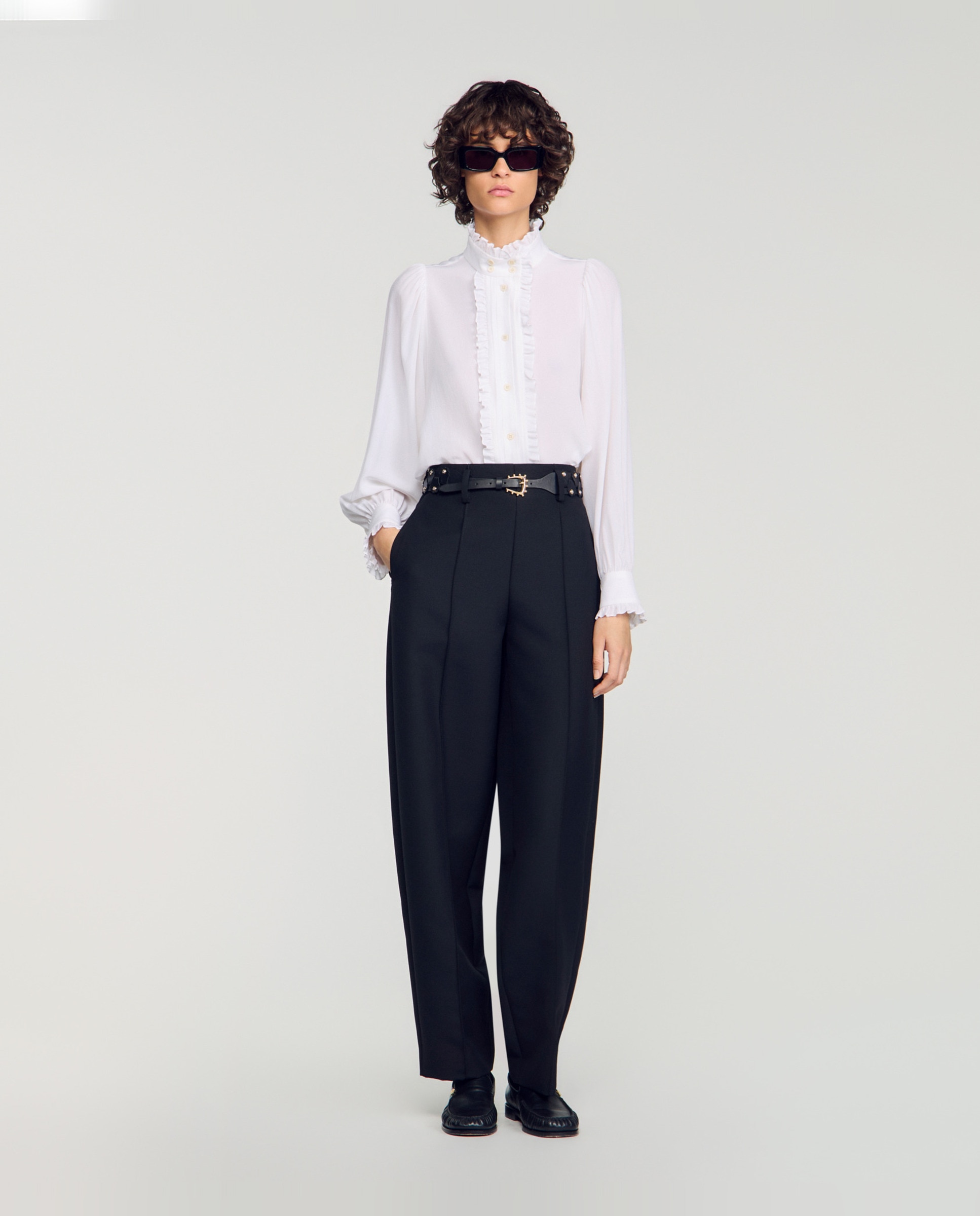 Camisa de mujer 100% seda con cuello fruncido y manga voluminosa - Sandro - Blanco Blanco-5