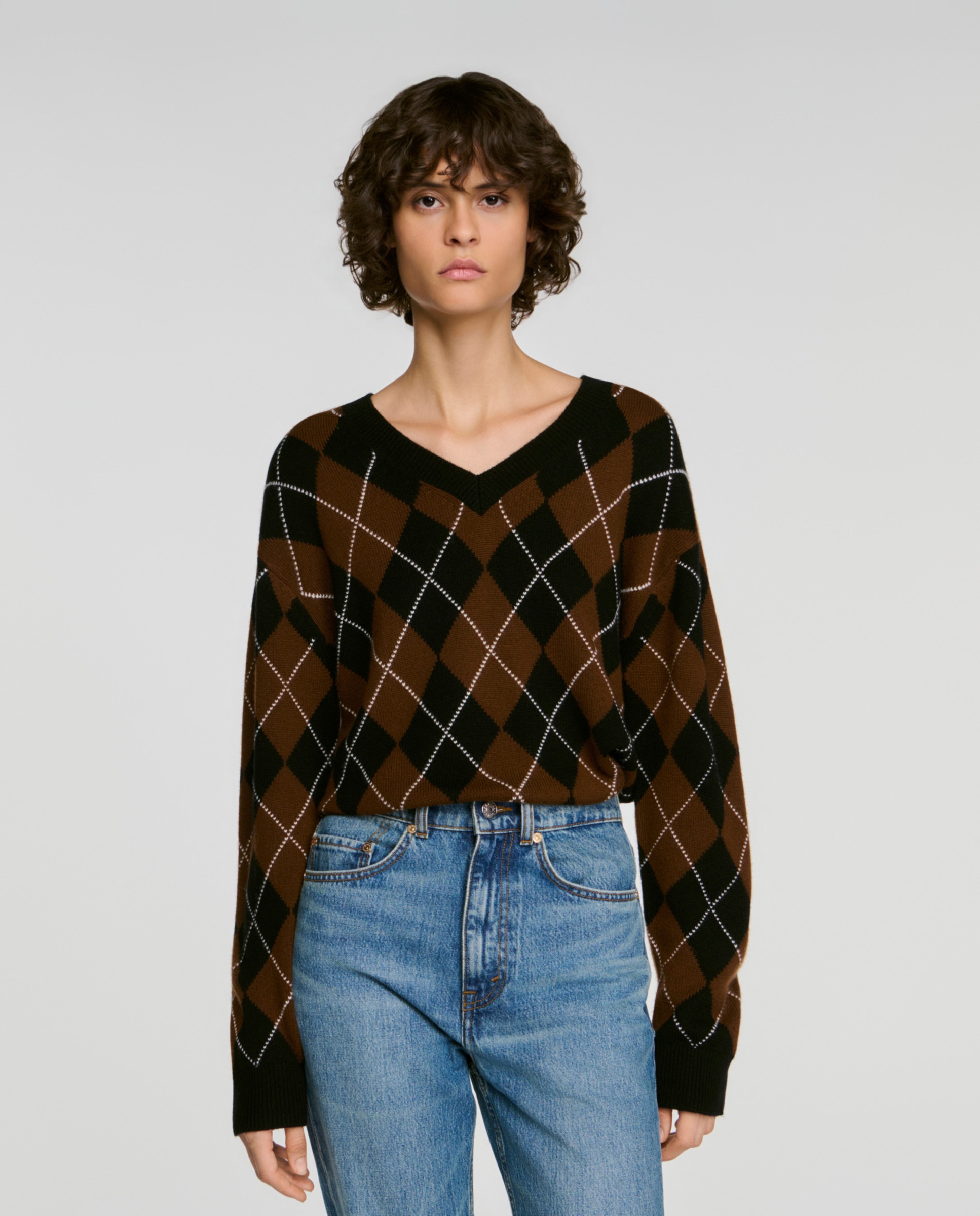 Imagen 0 de Jersey de mujer argyle con strass, cuello pico y corte amplio Multicolor