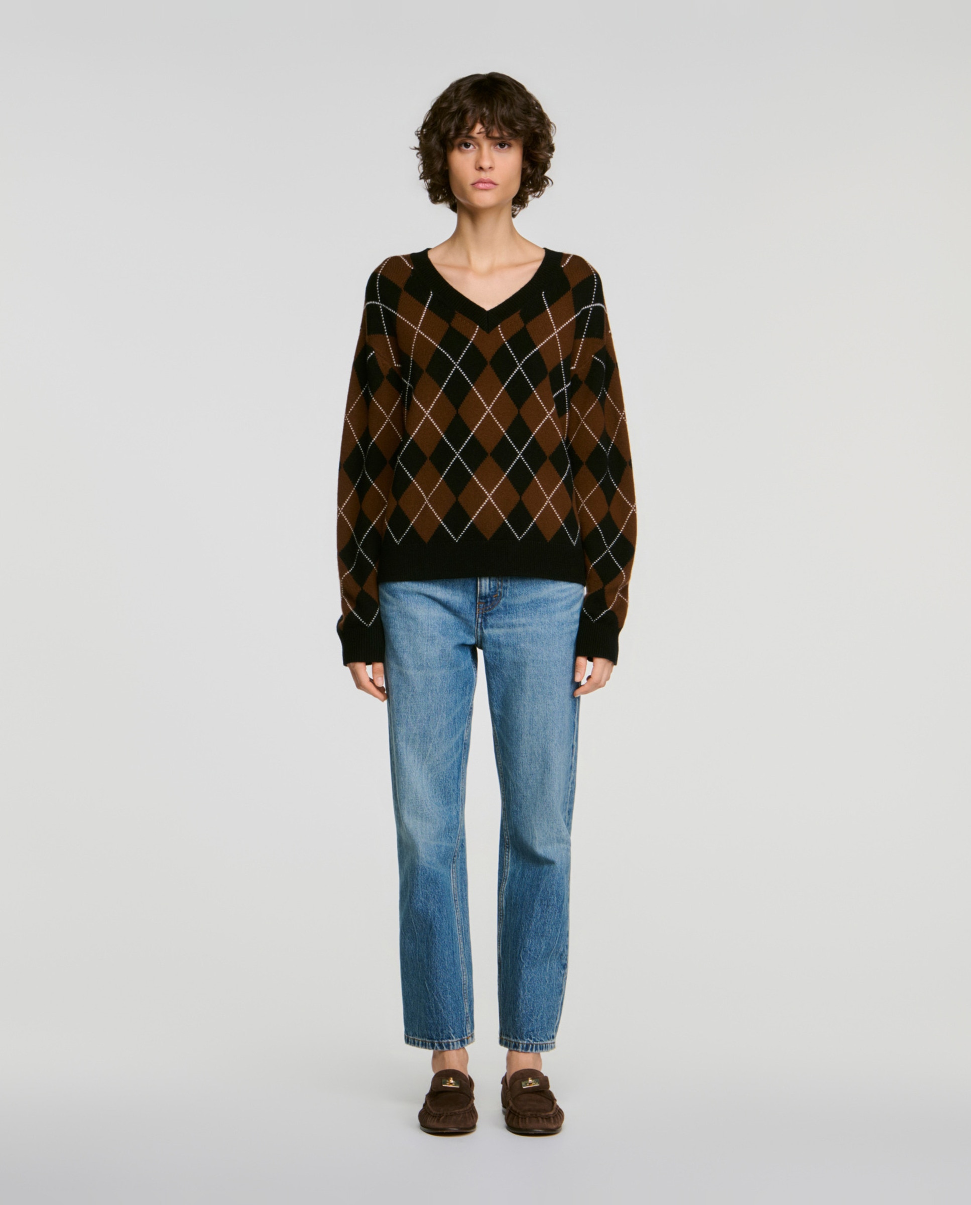 Jersey de mujer argyle con strass, cuello pico y corte amplio - Sandro - Multicolor Multicolor-3