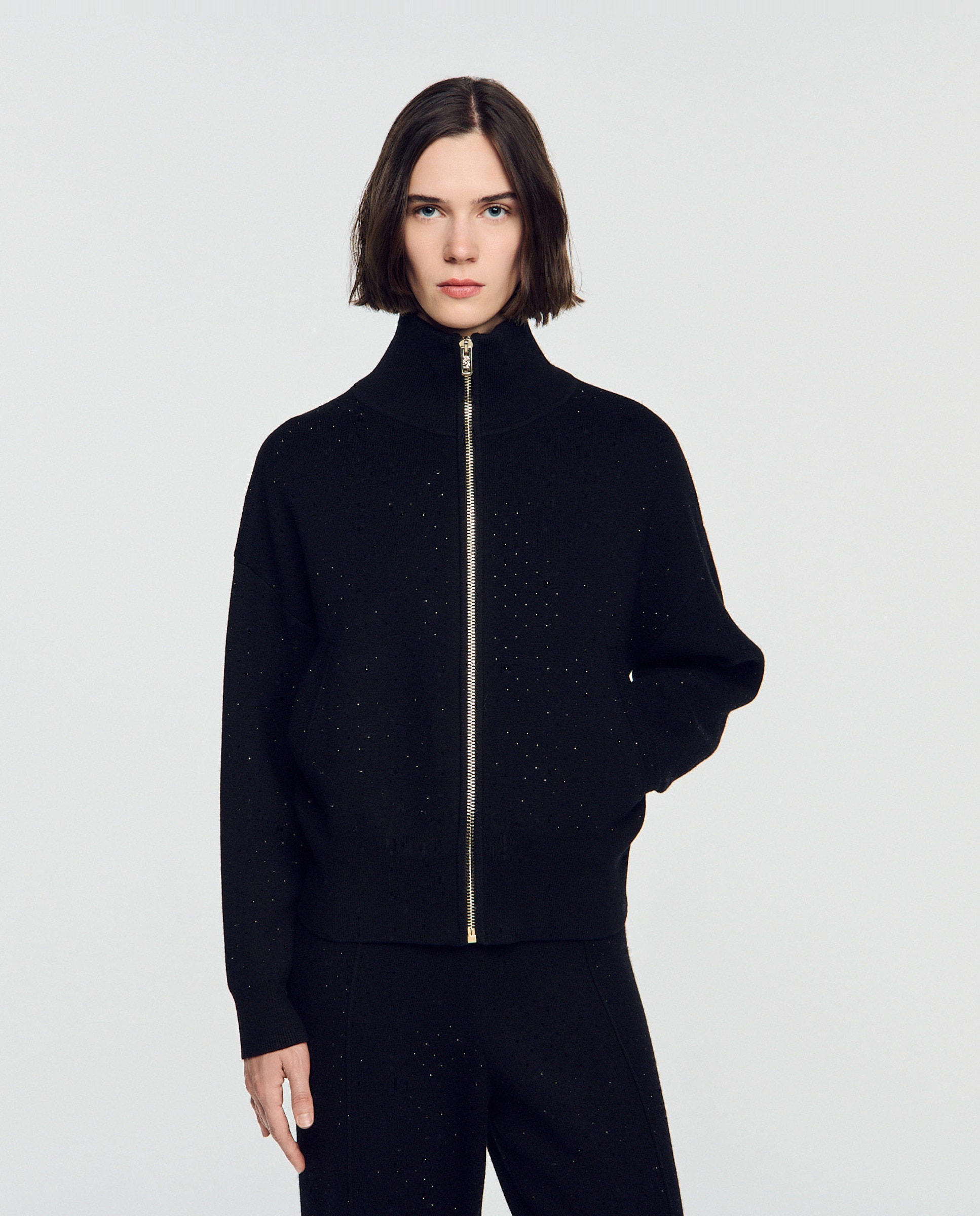 Cárdigan de punto con cremallera de mujer con strass y cuello subido - Sandro - Negro Negro-1