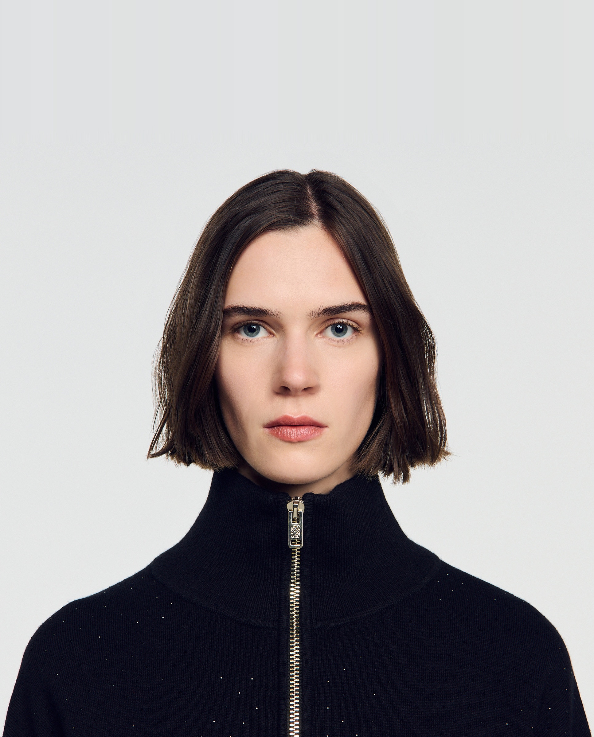 Cárdigan de punto con cremallera de mujer con strass y cuello subido - Sandro - Negro Negro-4