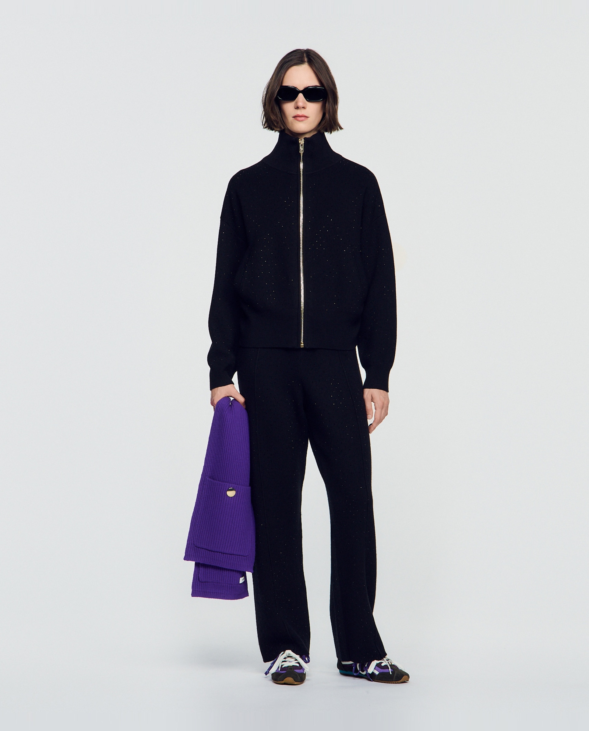 Cárdigan de punto con cremallera de mujer con strass y cuello subido - Sandro - Negro Negro-5