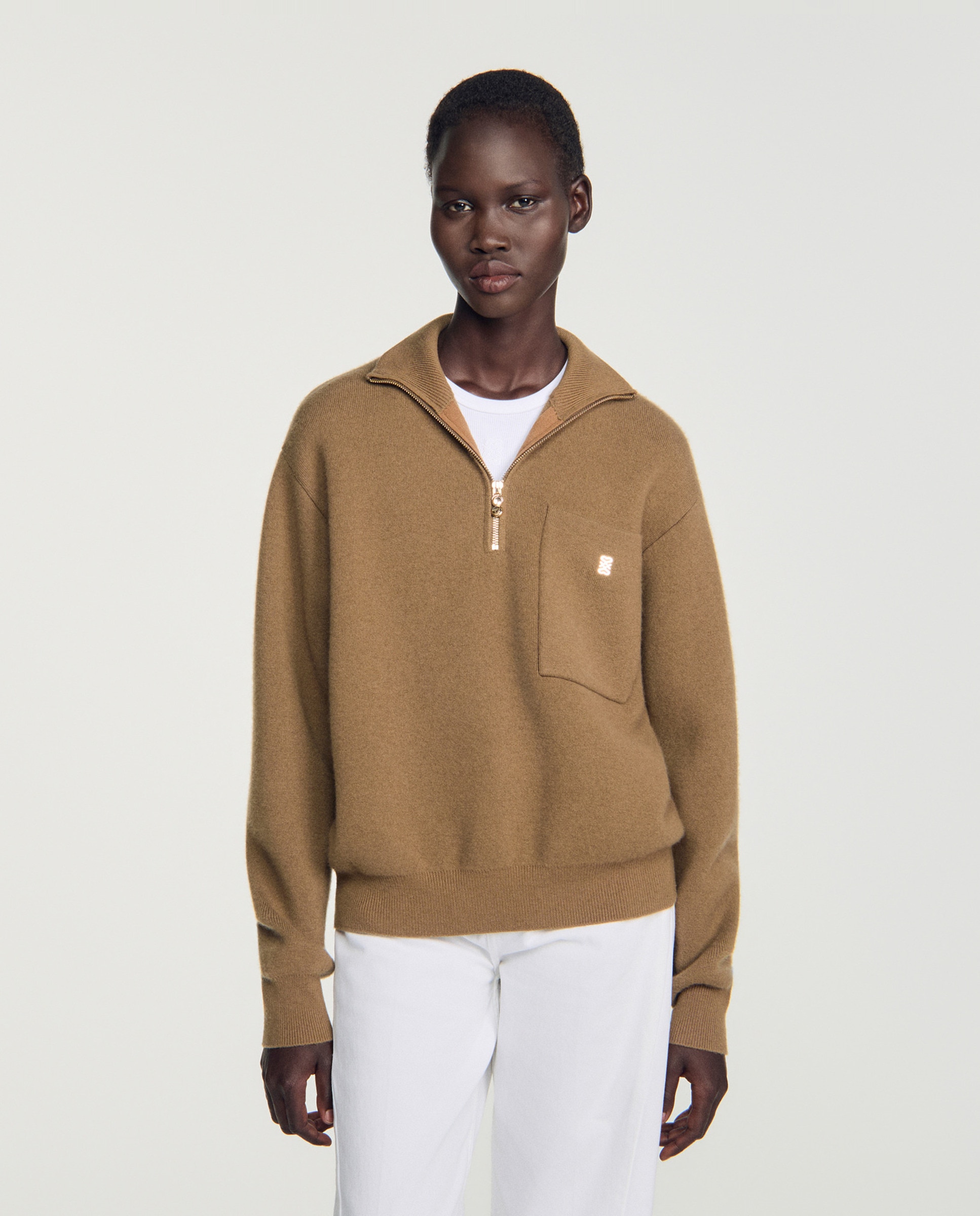 Jersey de mujer de lana y cachemira con cuello camionero con cremallera - Sandro - Camel Camel-1