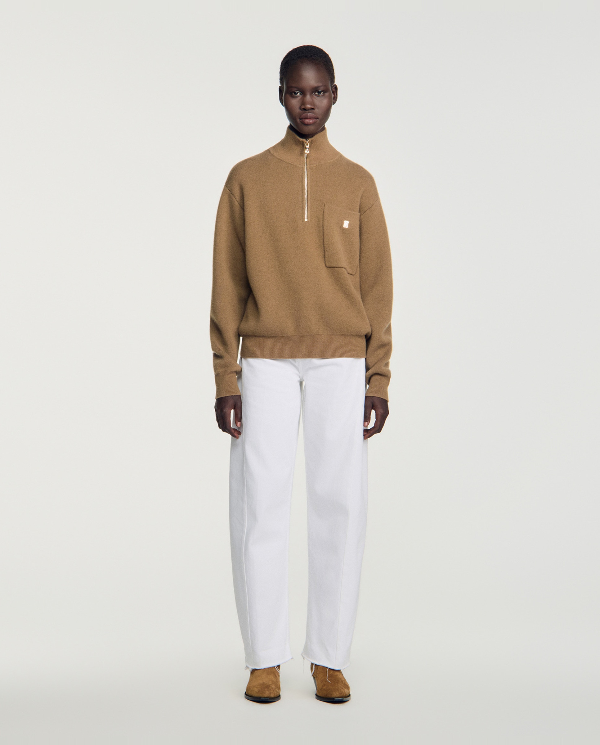 Jersey de mujer de lana y cachemira con cuello camionero con cremallera - Sandro - Camel Camel-3