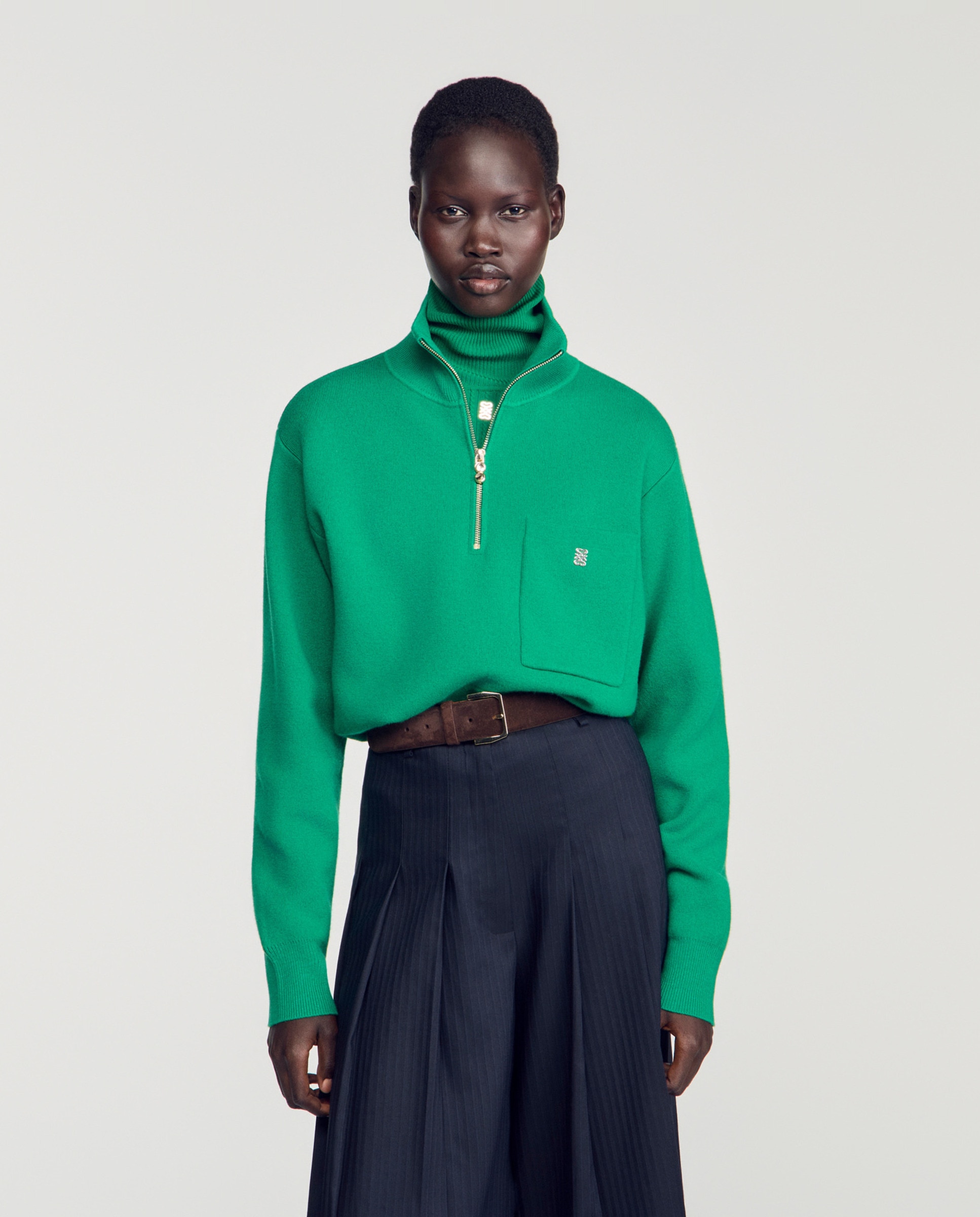 Jersey de mujer de lana y cachemira con cuello camionero con cremallera - Sandro - Verde Verde-1
