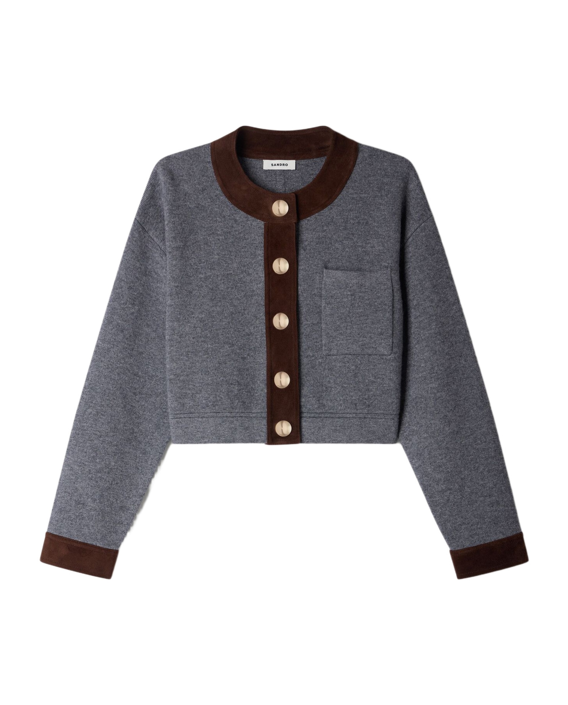 Cárdigan de mujer corto con cuello redondo y ante - Sandro - Gris Gris-6