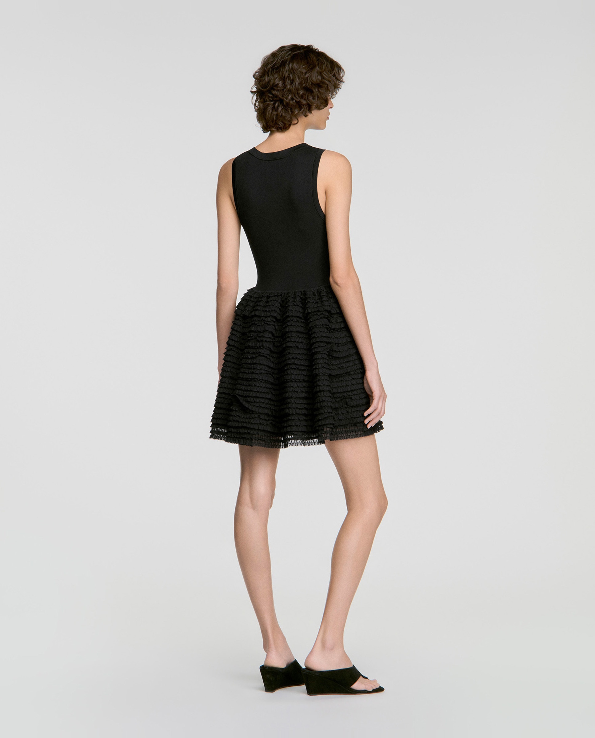 Vestido corto de punto acampanado con volantes de encaje - Sandro - Negro Negro-2