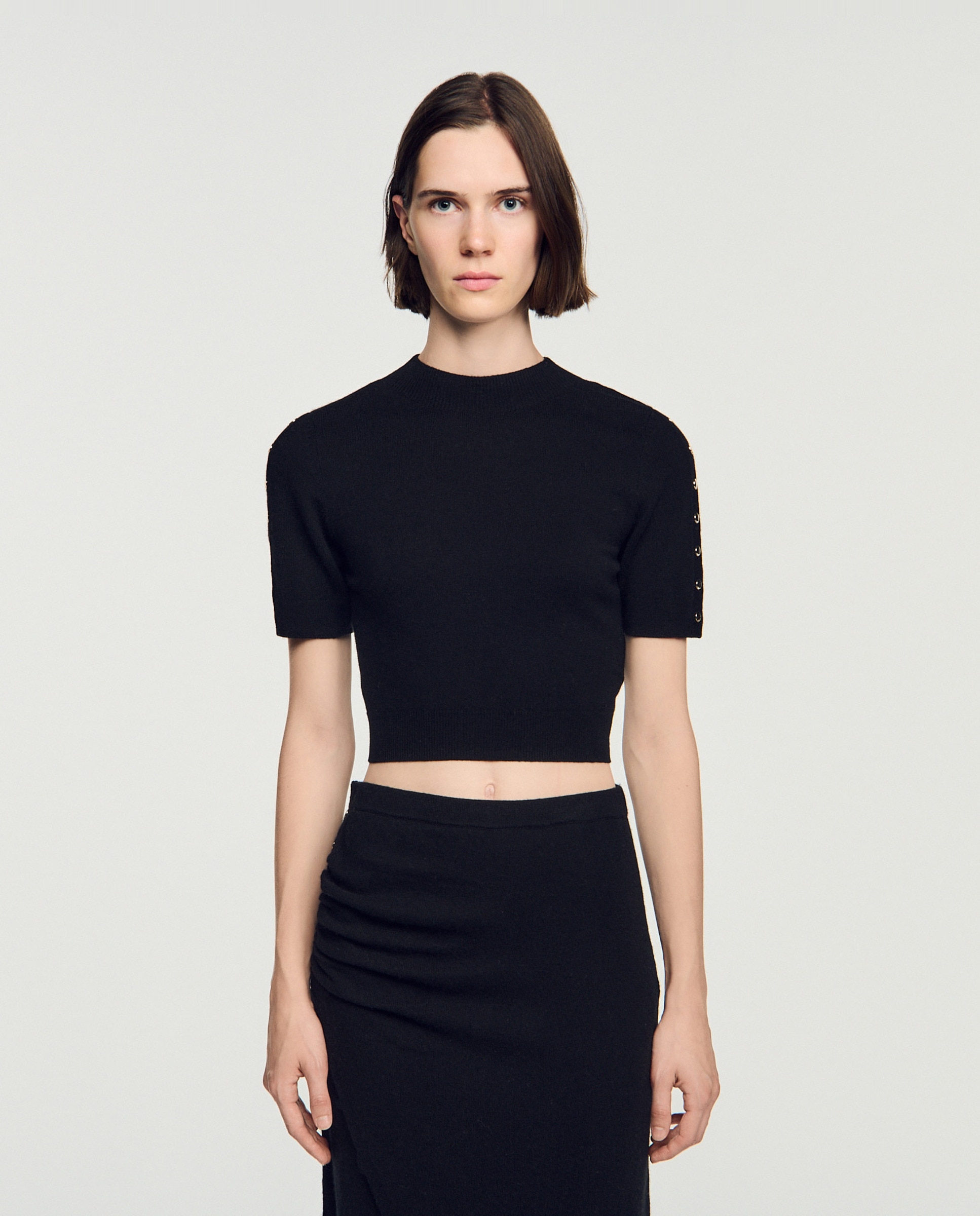 Jersey de mujer corto con cuello alto de lana y cachemira - Sandro - Negro Negro-1