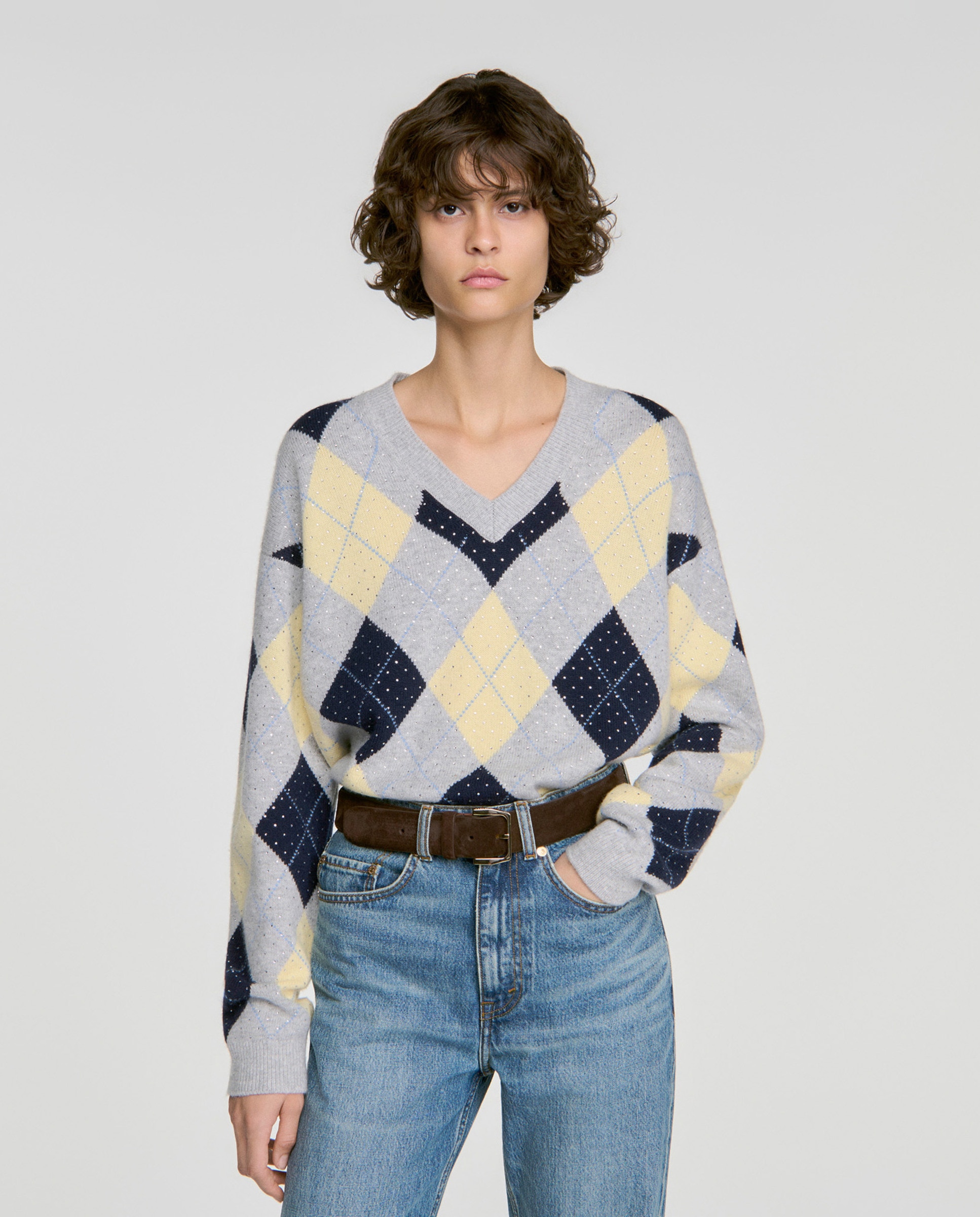 Jersey de mujer 100% lana argyle con strass y cuello pico - Sandro - Gris / Amarillo Gris / Amarillo-1