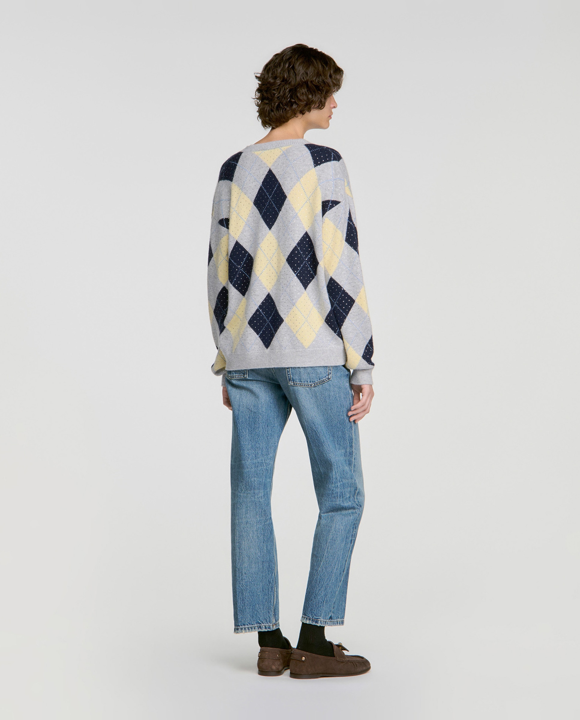 Jersey de mujer 100% lana argyle con strass y cuello pico - Sandro - Gris / Amarillo Gris / Amarillo-2