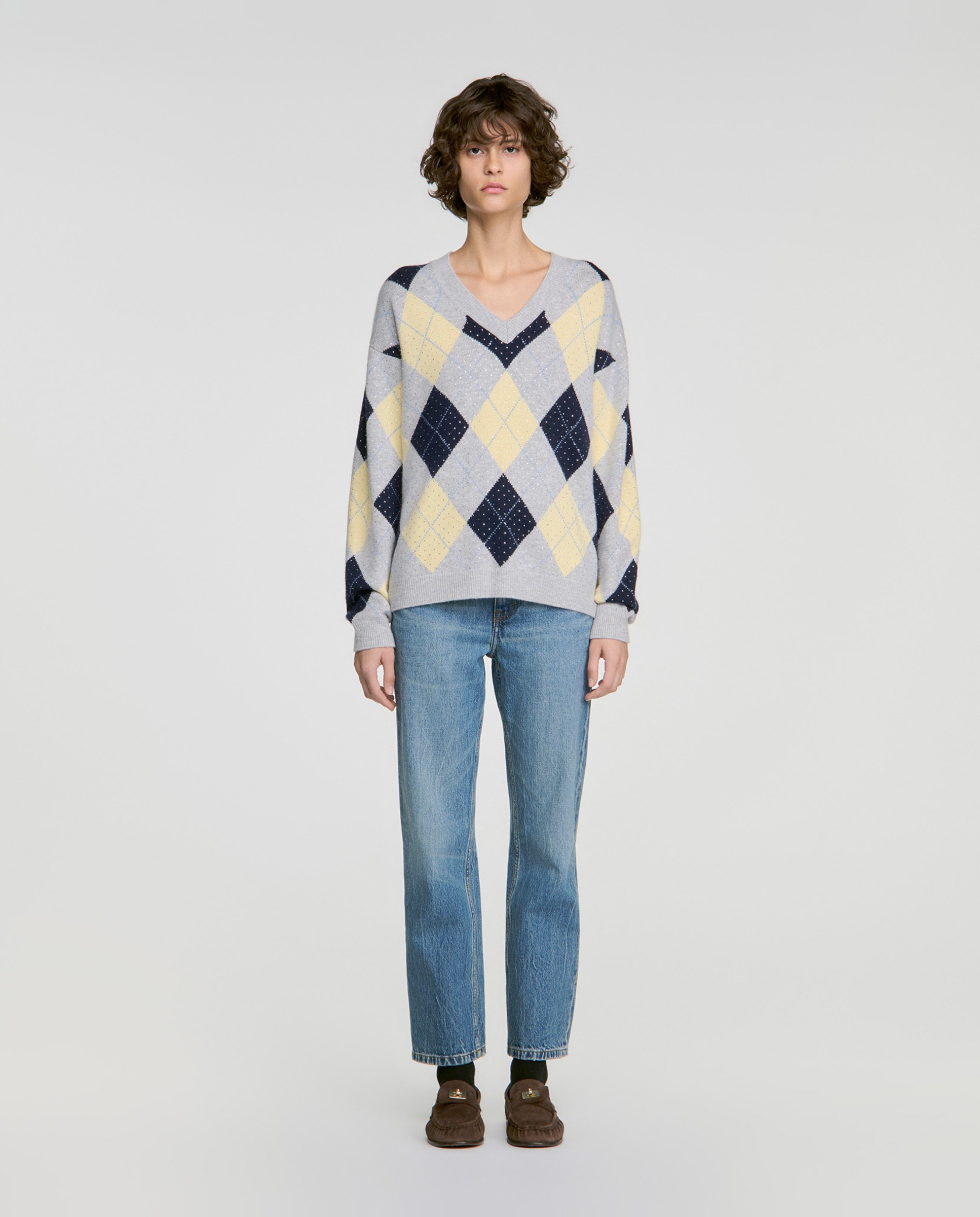 Jersey de mujer 100% lana argyle con strass y cuello pico - Sandro - Gris / Amarillo Gris / Amarillo-3