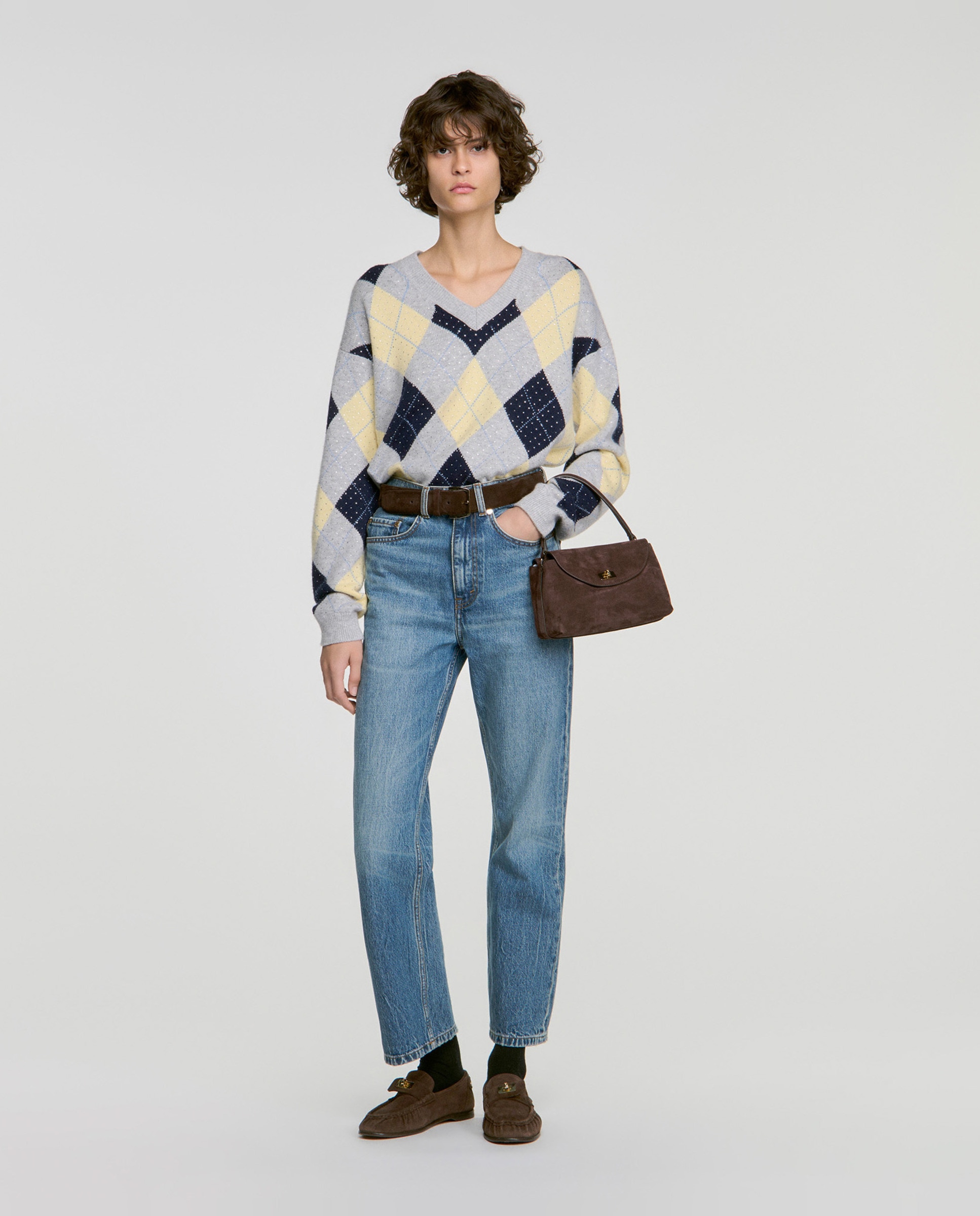Jersey de mujer 100% lana argyle con strass y cuello pico - Sandro - Gris / Amarillo Gris / Amarillo-4