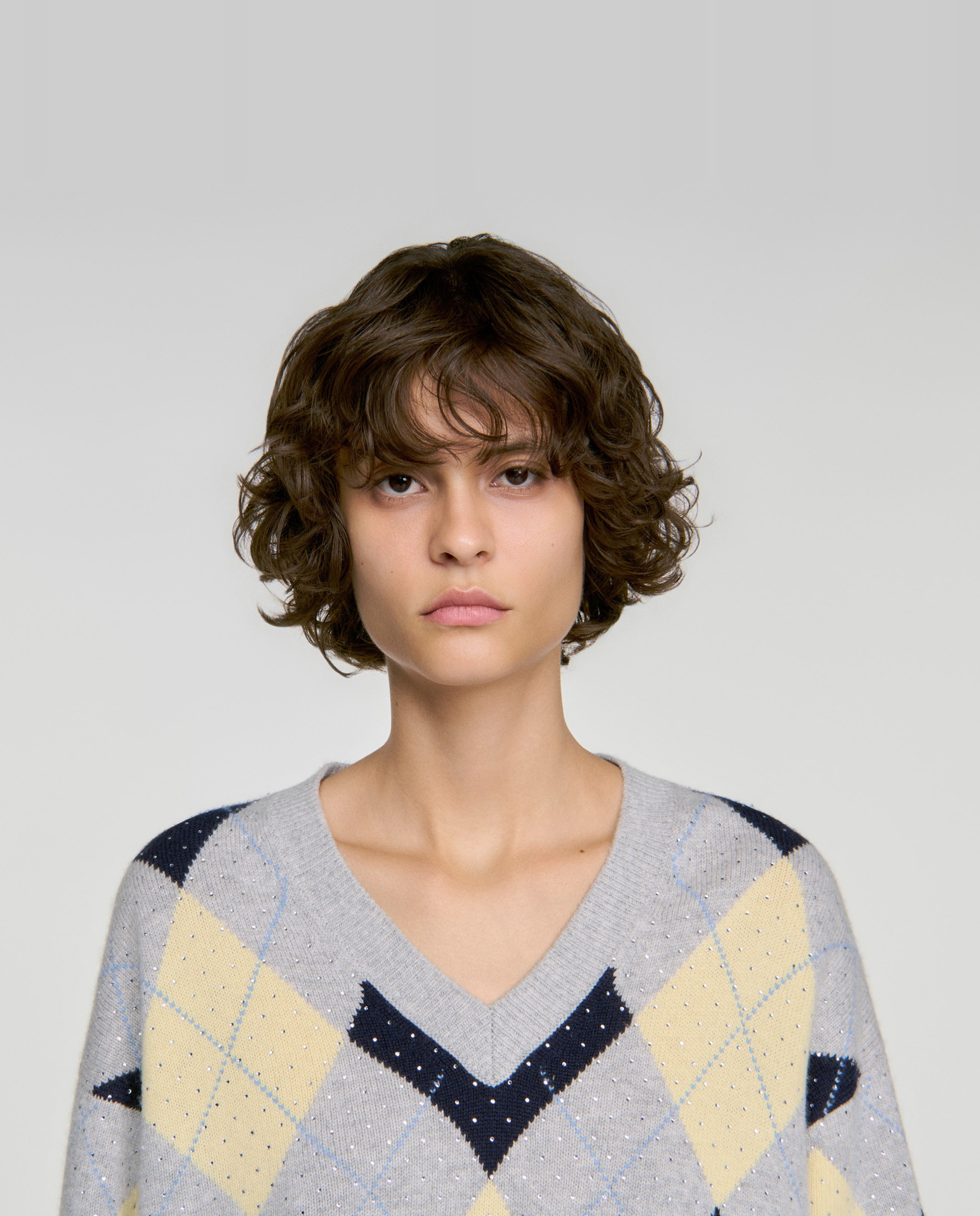 Jersey de mujer 100% lana argyle con strass y cuello pico - Sandro - Gris / Amarillo Gris / Amarillo-5