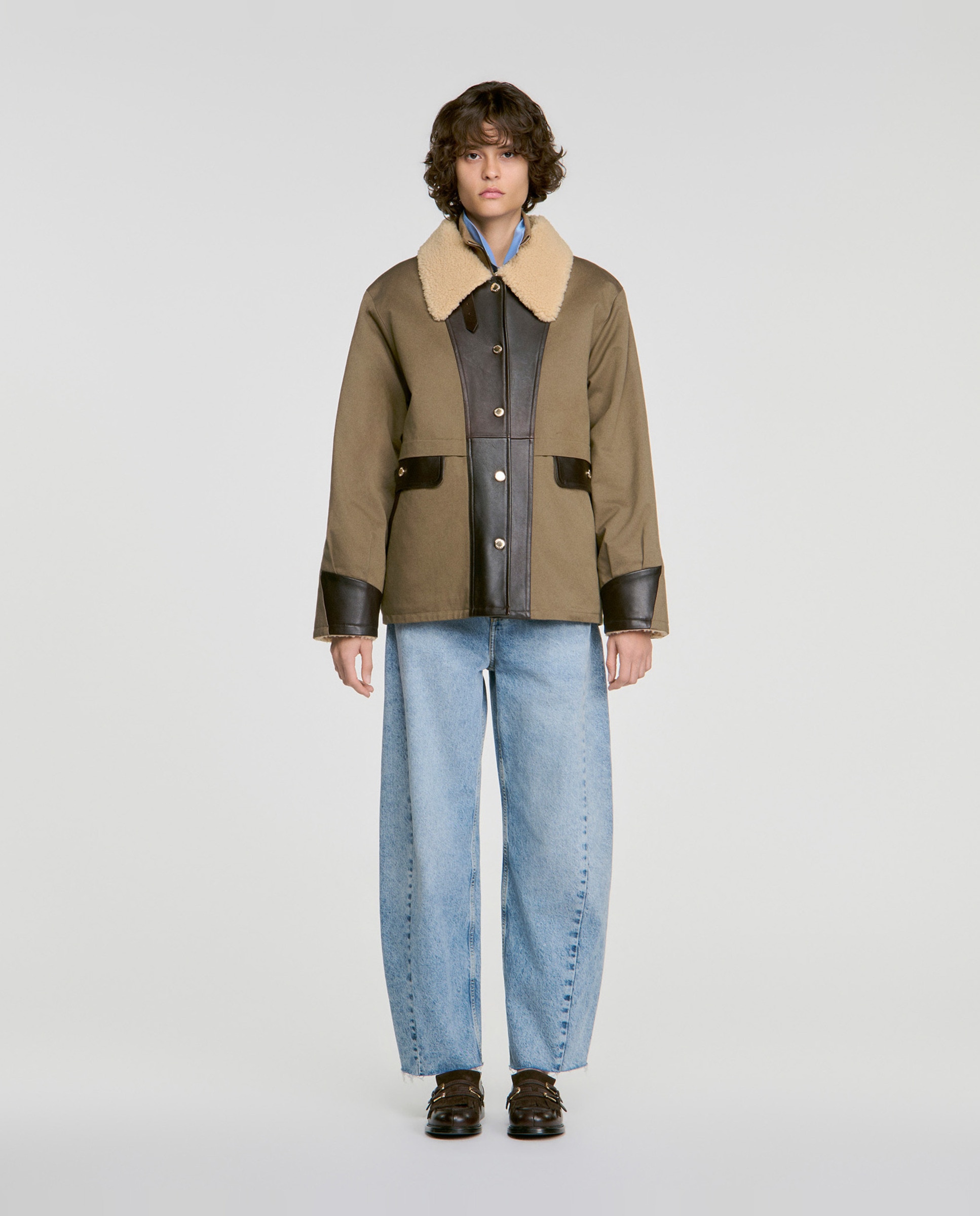 Abrigo de mujer oversize bicolor de cuero y algodón - Sandro - Kaki Kaki-3
