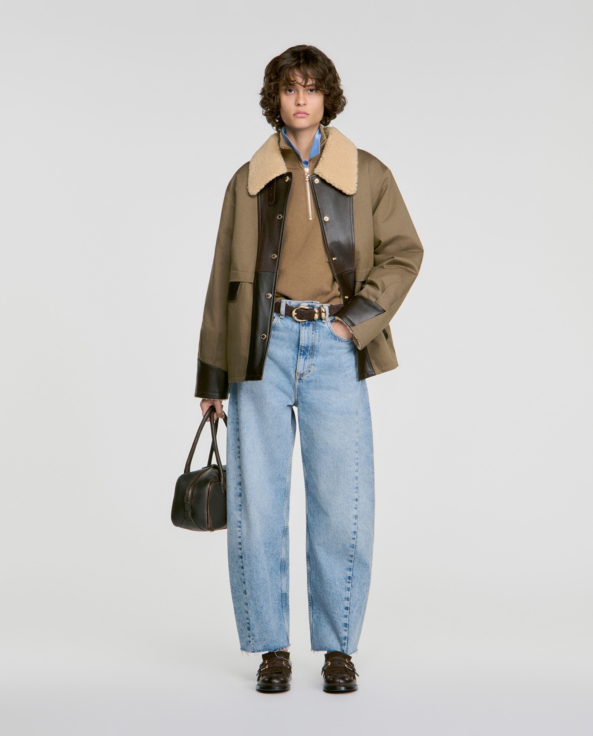 Abrigo de mujer oversize bicolor de cuero y algodón - Sandro - Kaki Kaki-4