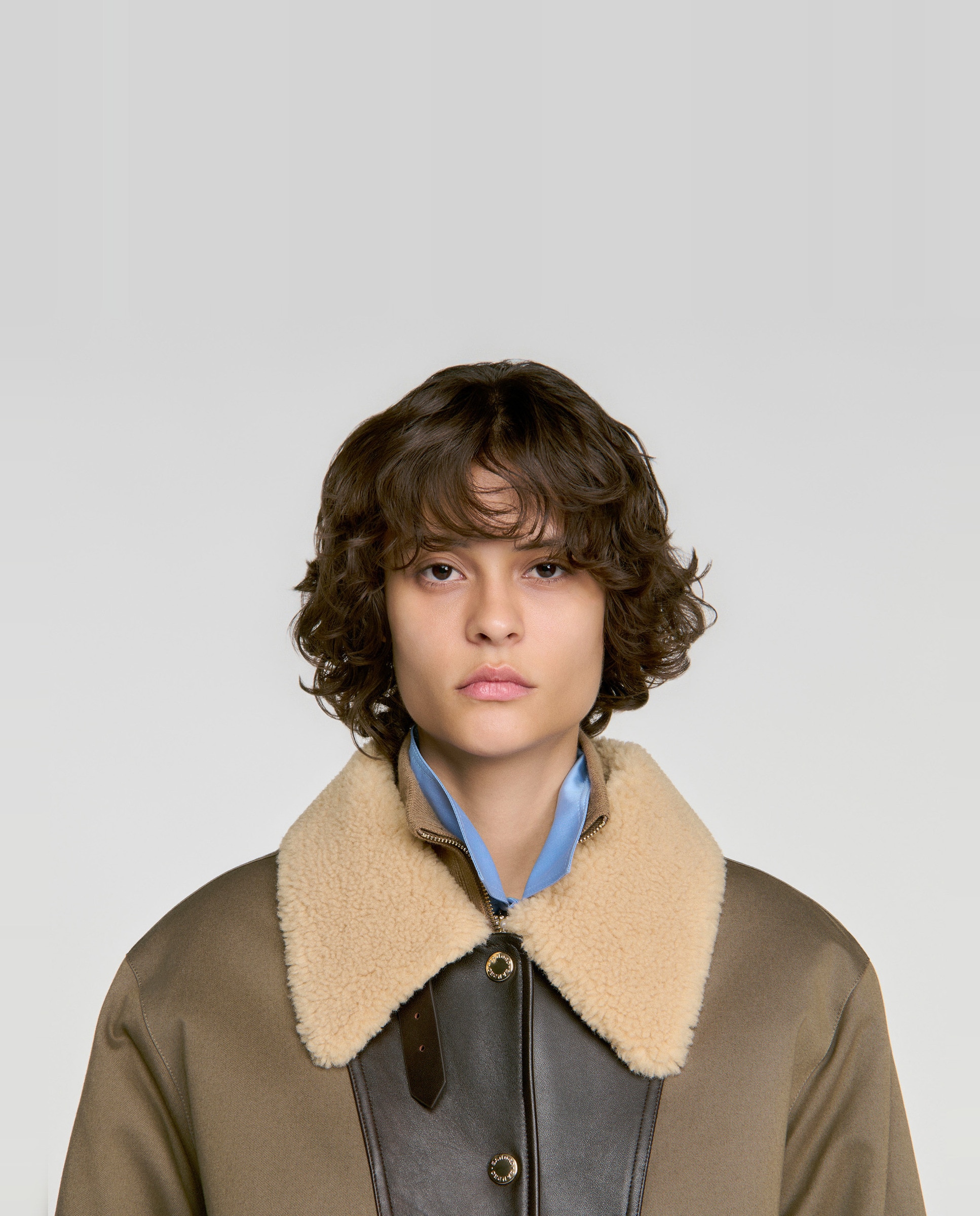 Abrigo de mujer oversize bicolor de cuero y algodón - Sandro - Kaki Kaki-5