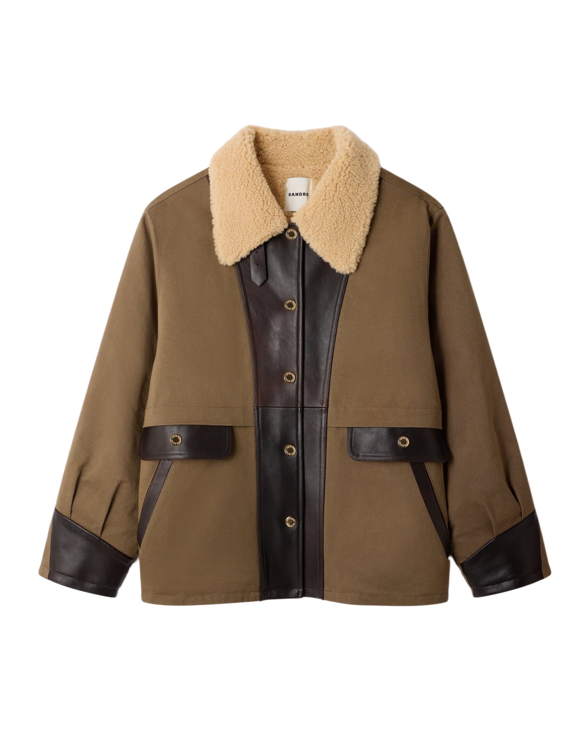 Abrigo de mujer oversize bicolor de cuero y algodón - Sandro - Kaki Kaki-6