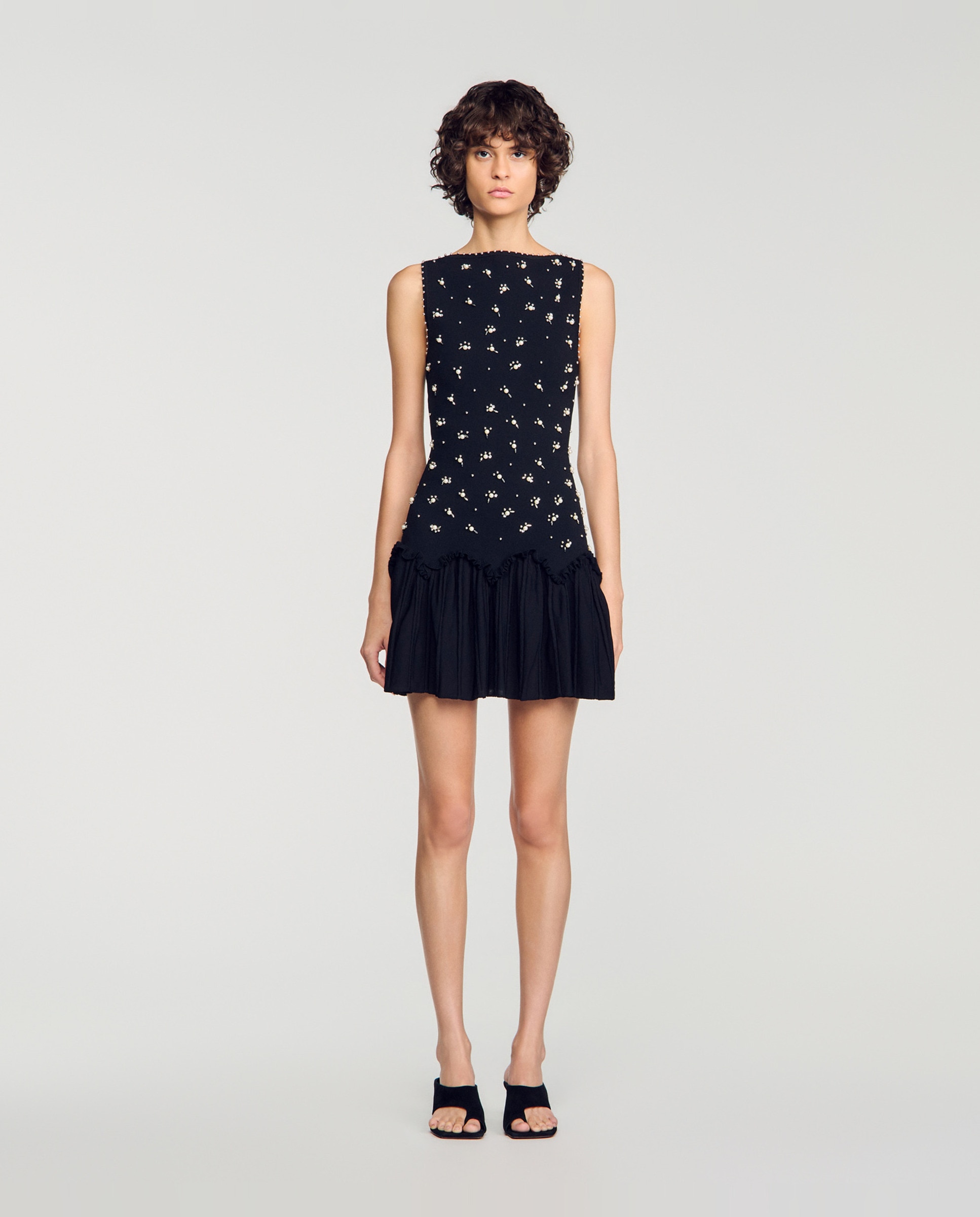 Vestido corto de terciopelo bordado con perlas - Sandro - Negro Negro-3